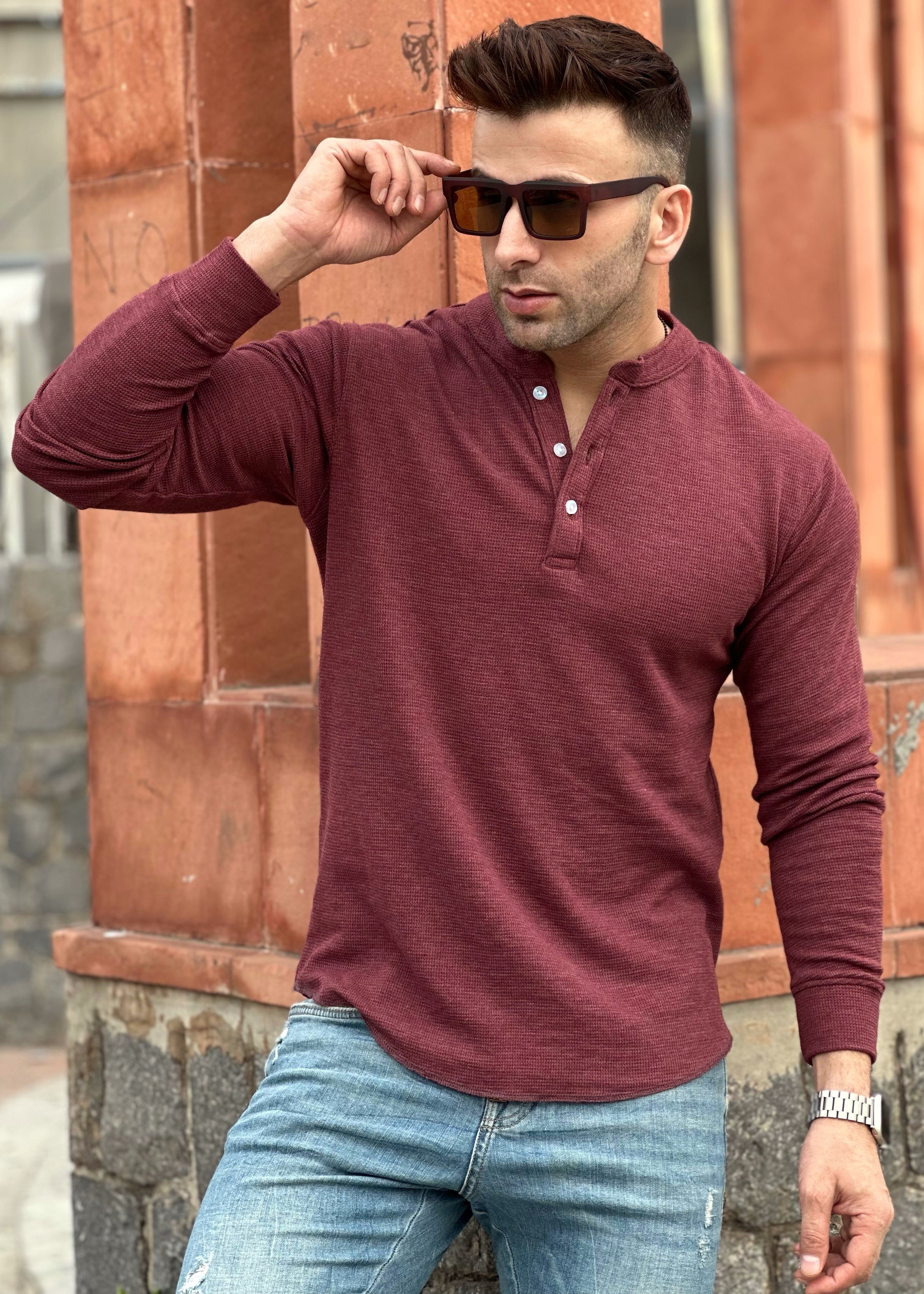 Light Maroon Waffle Knit Henley Neck T-Shirt