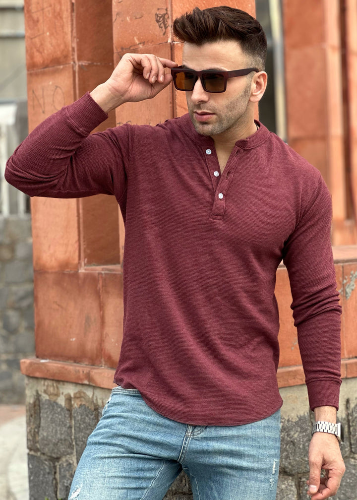 Light Maroon Waffle Knit Henley Neck T-Shirt