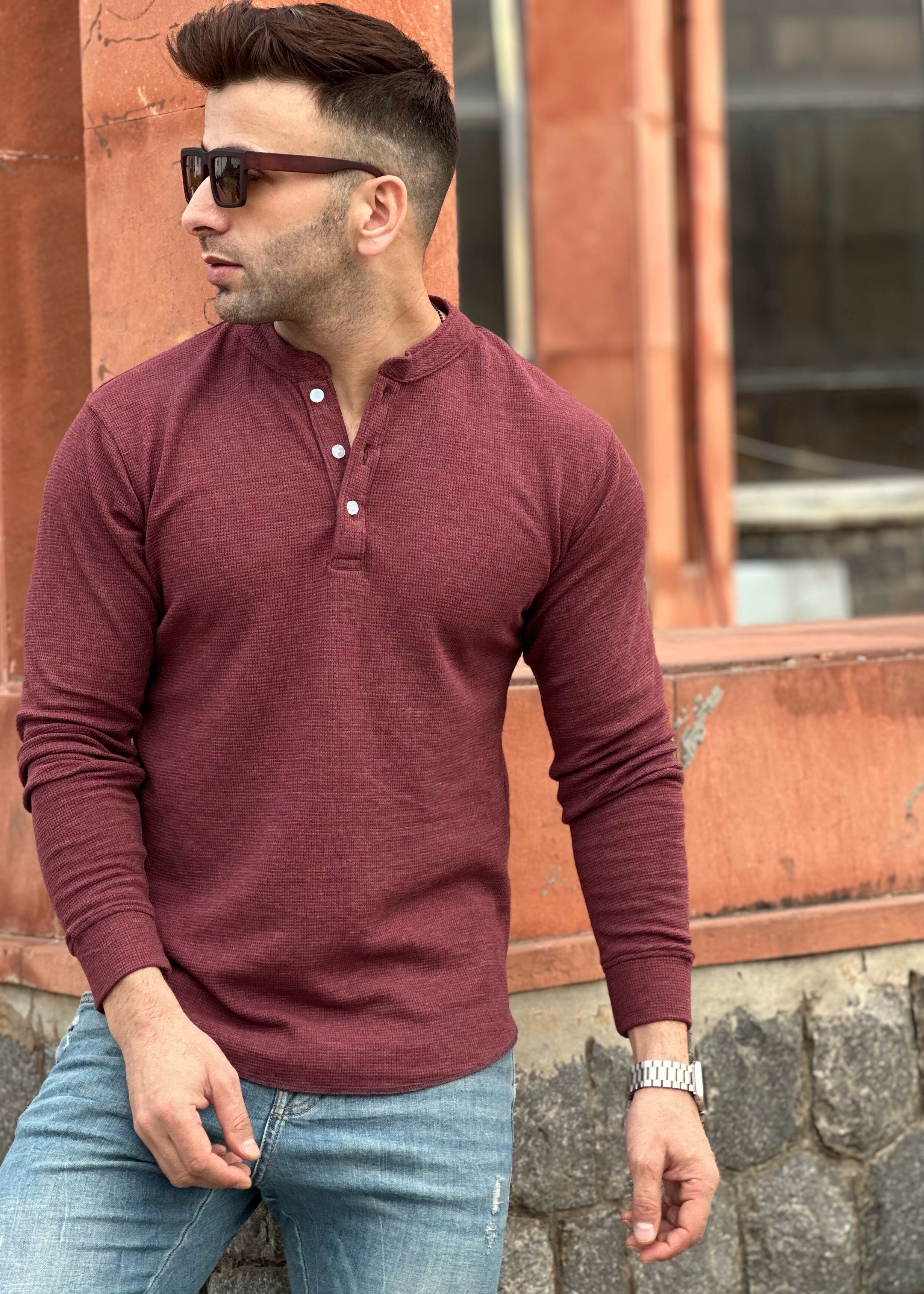 Light Maroon Waffle Knit Henley Neck T-Shirt
