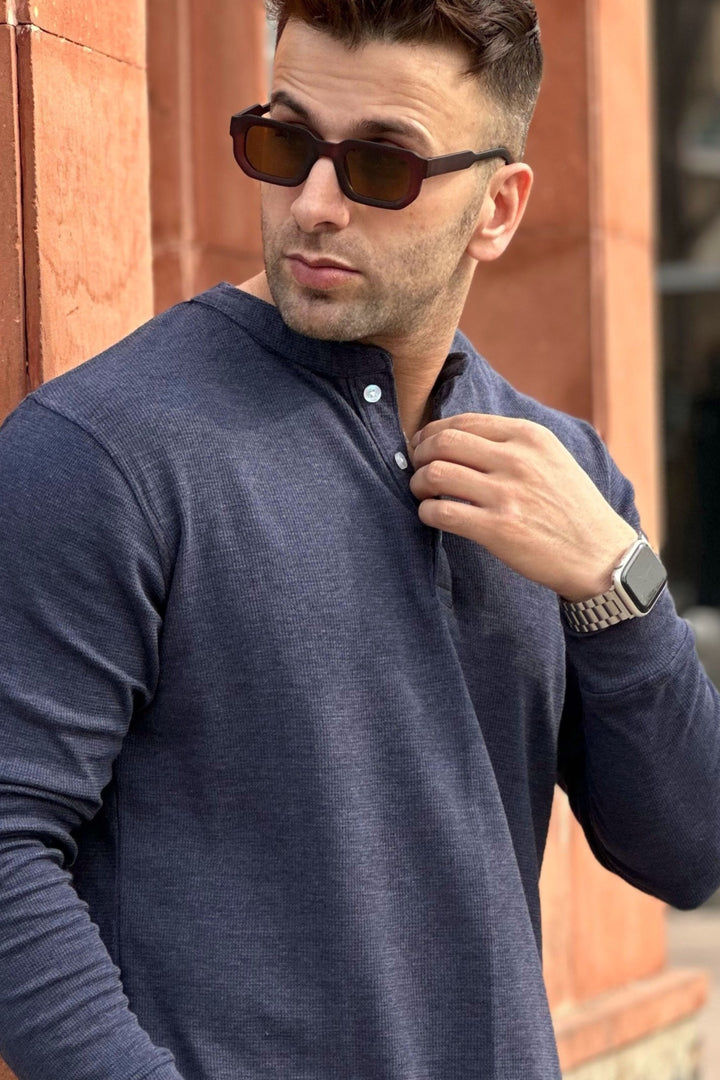 Blue Self Design Waffle Henley Neck T-Shirt