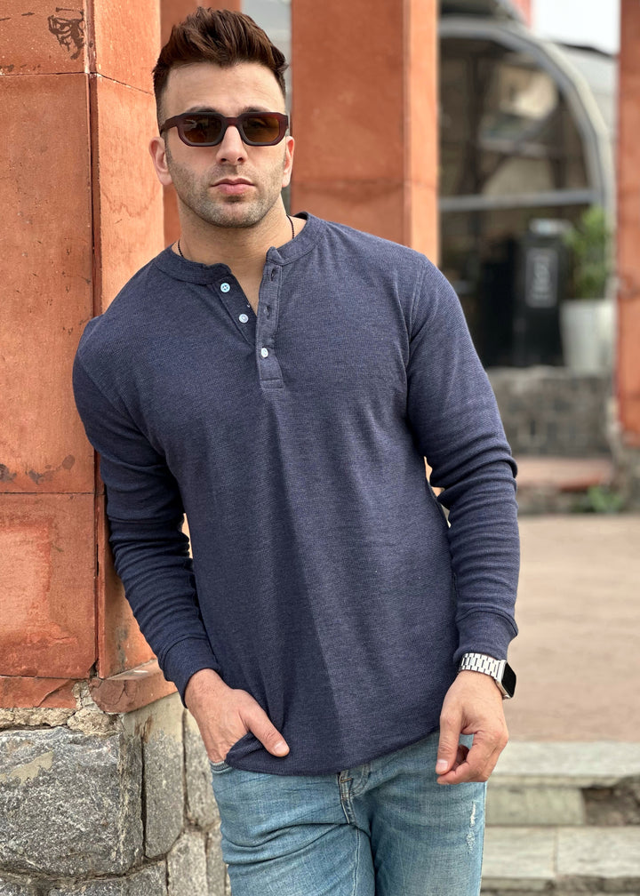 Blue Self Design Waffle Henley Neck T-Shirt