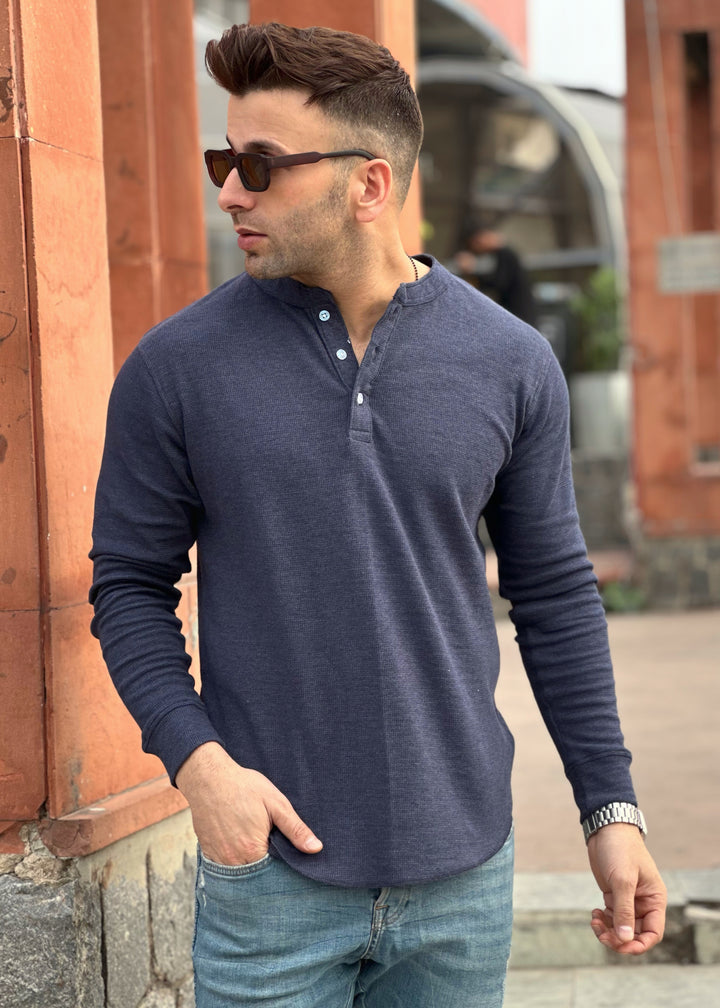 Blue Self Design Waffle Henley Neck T-Shirt