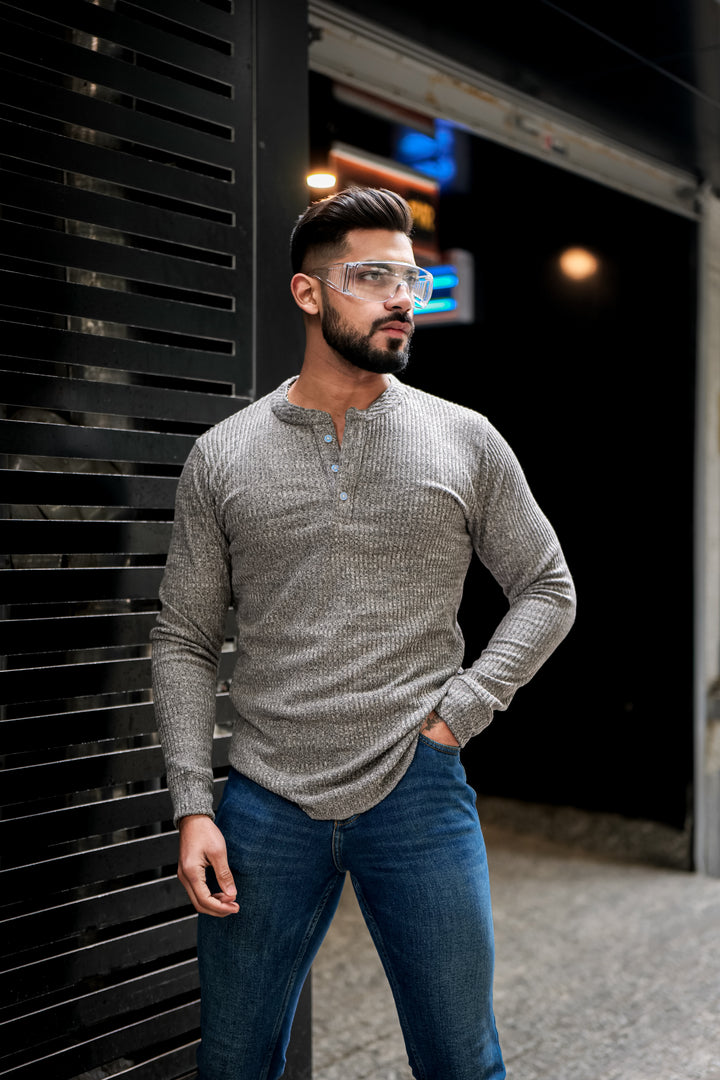 Grey Self Design Henley T-Shirt