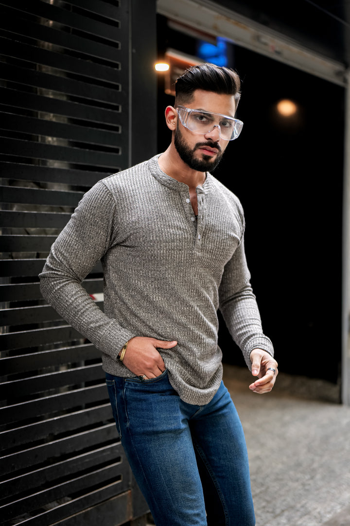 Grey Self Design Henley T-Shirt