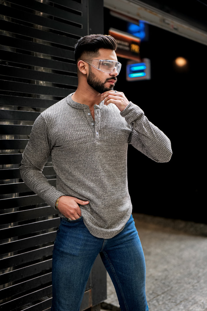 Grey Self Design Henley T-Shirt