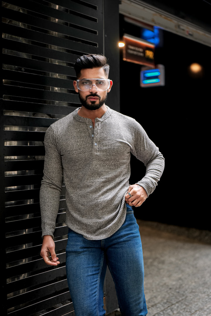 Grey Self Design Henley T-Shirt