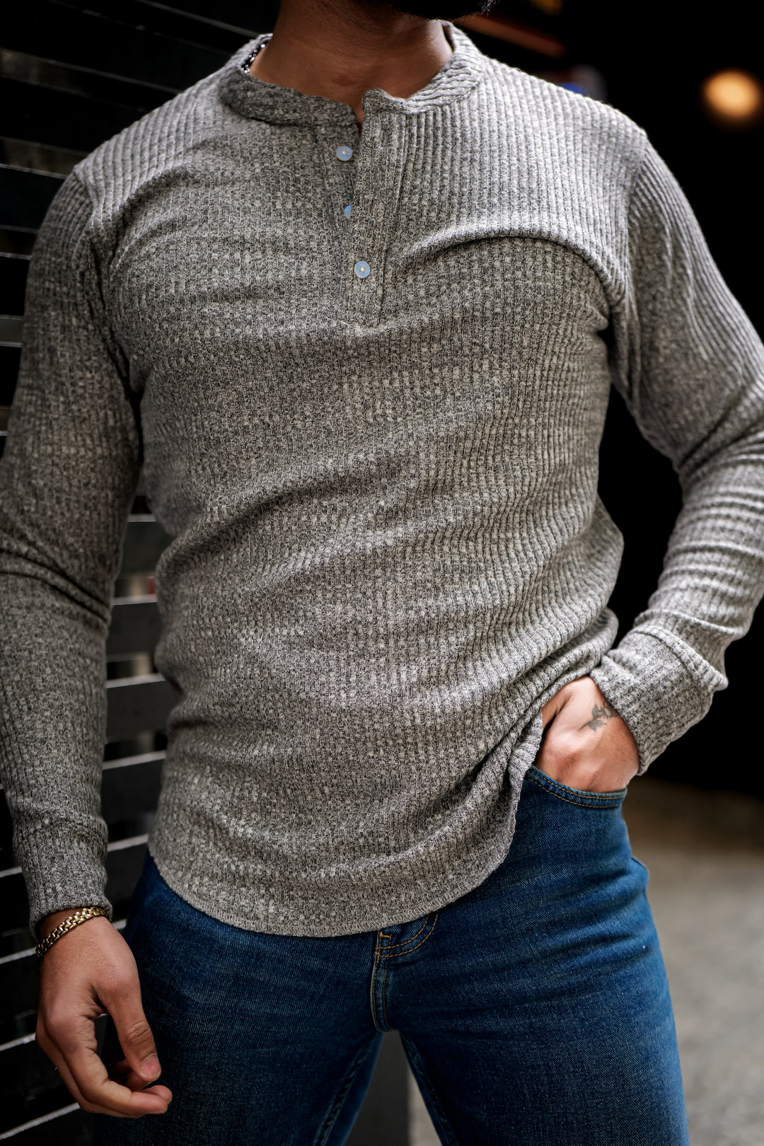 Grey Self Design Henley T-Shirt