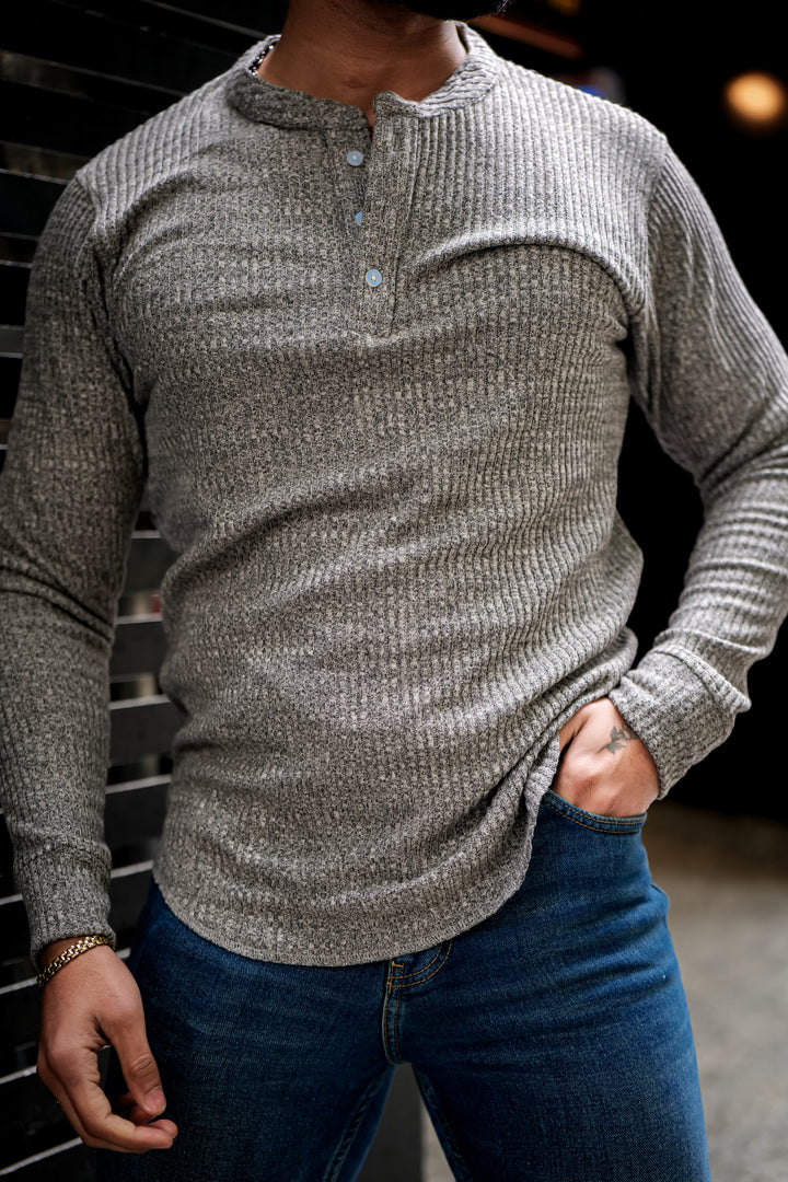 Grey Self Design Henley T-Shirt