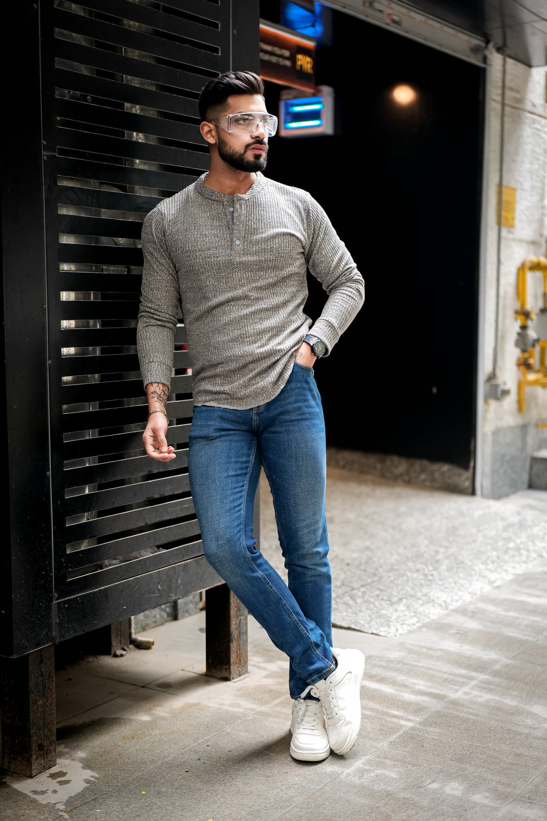 Grey Self Design Henley T-Shirt