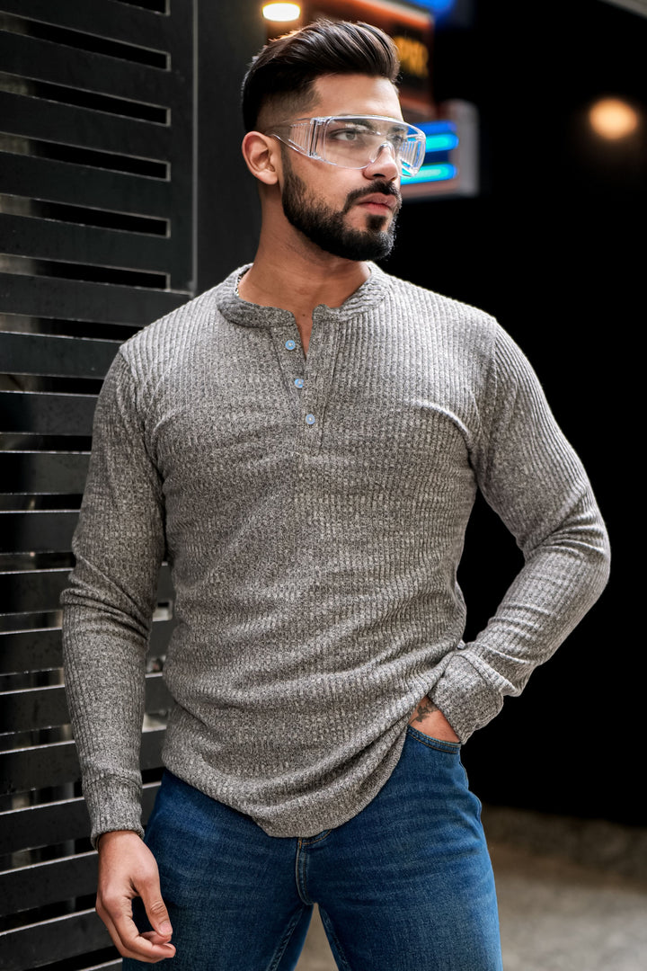 Grey Self Design Henley T-Shirt