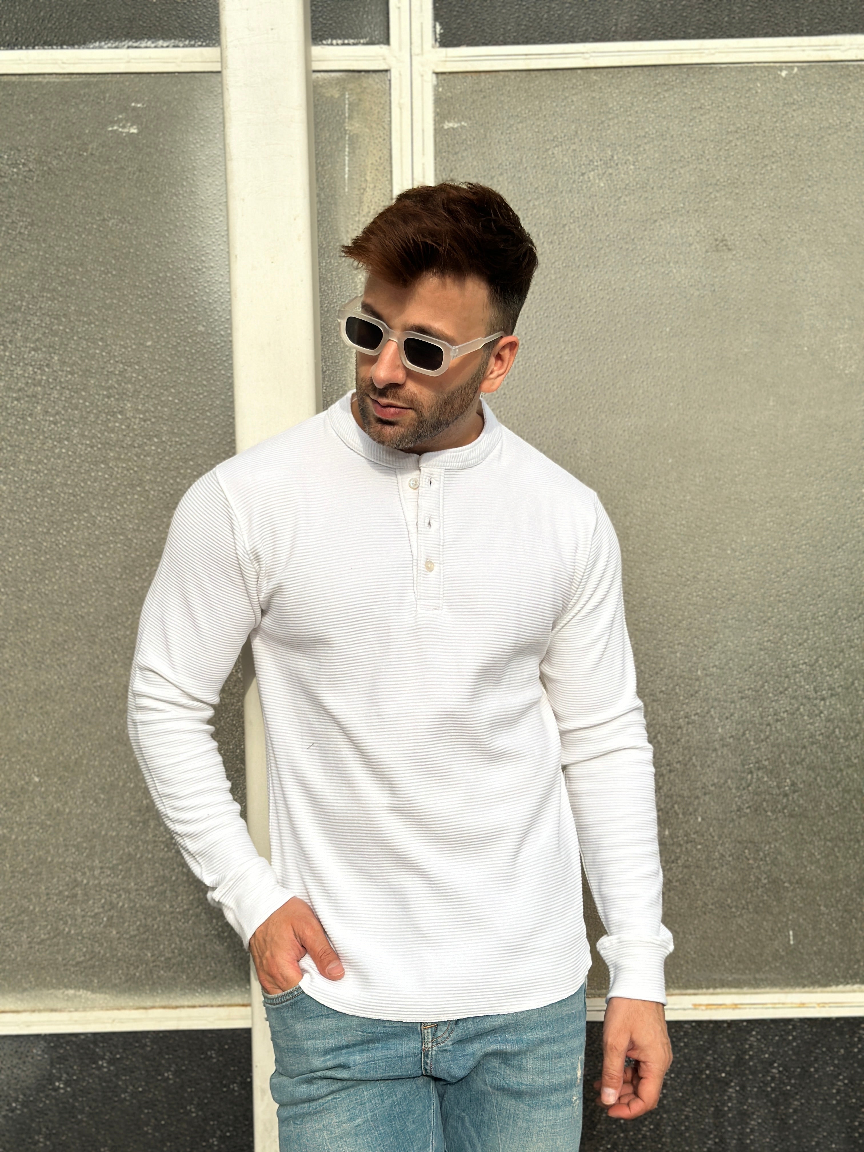 White Henley Self Design T-Shirt