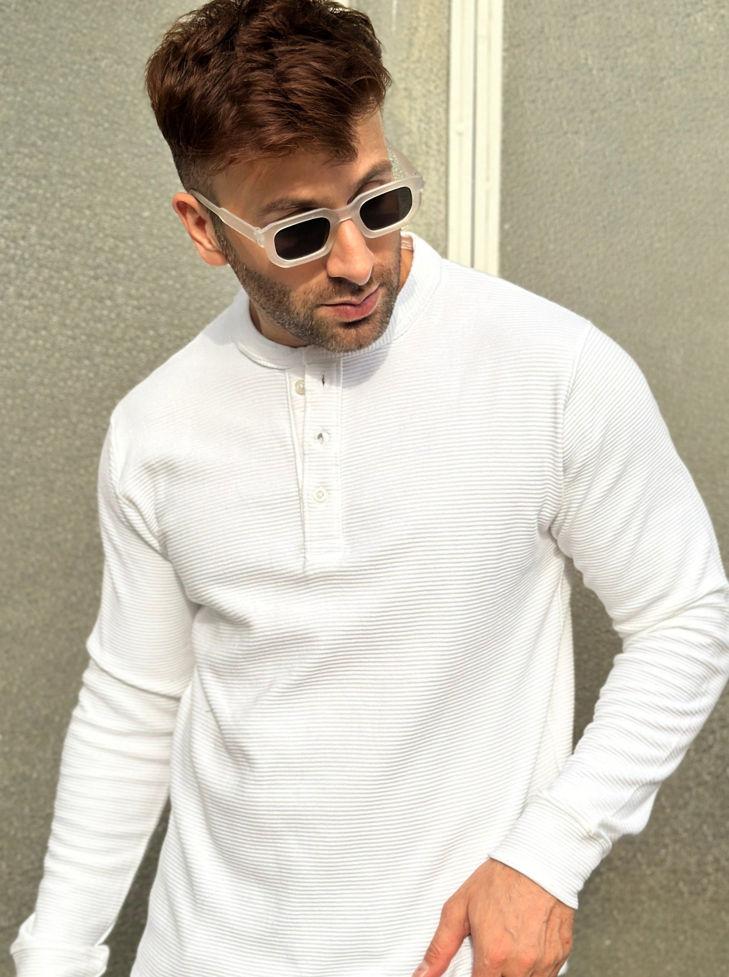 White Henley Self Design T-Shirt