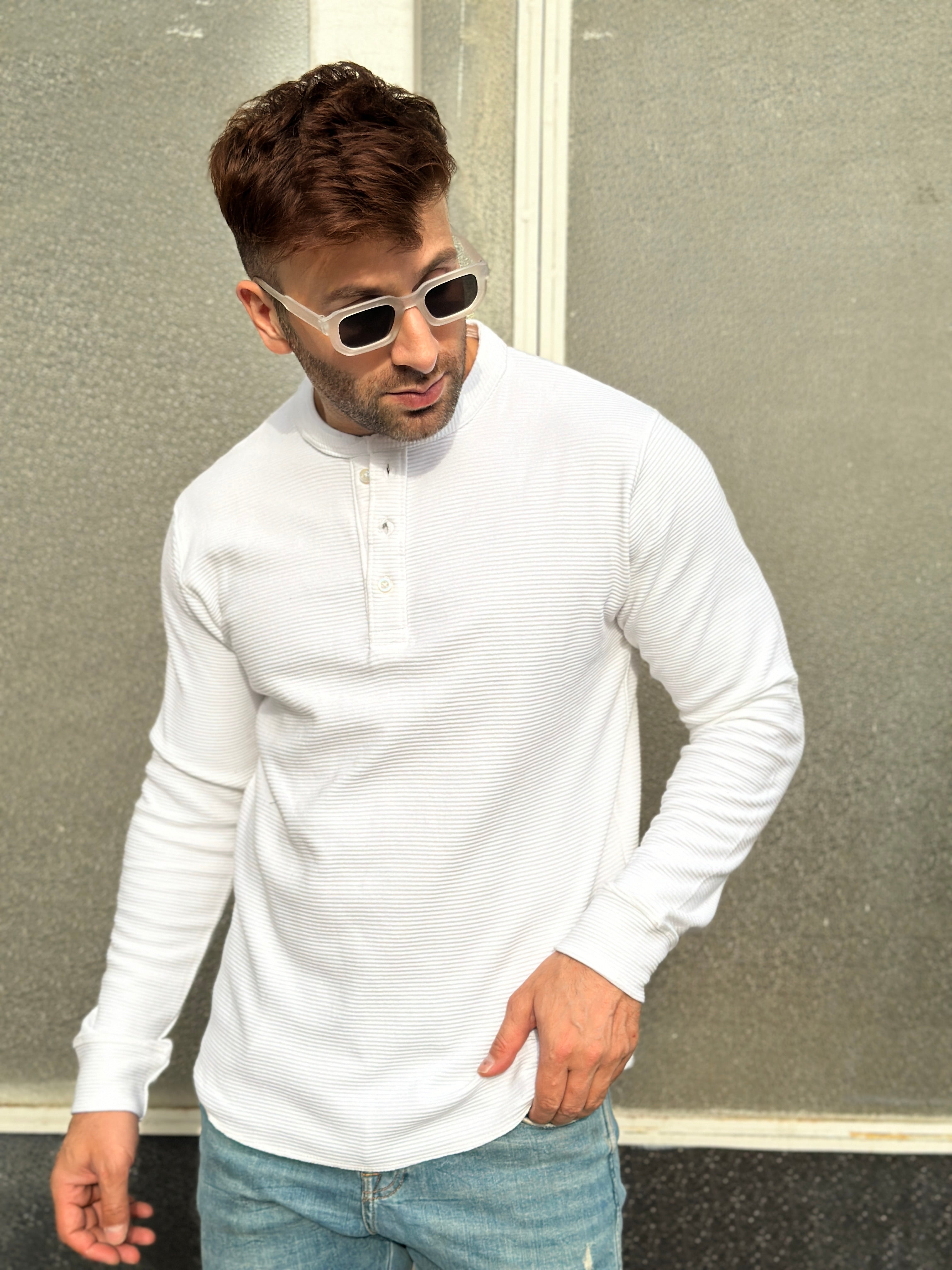 White Henley Self Design T-Shirt