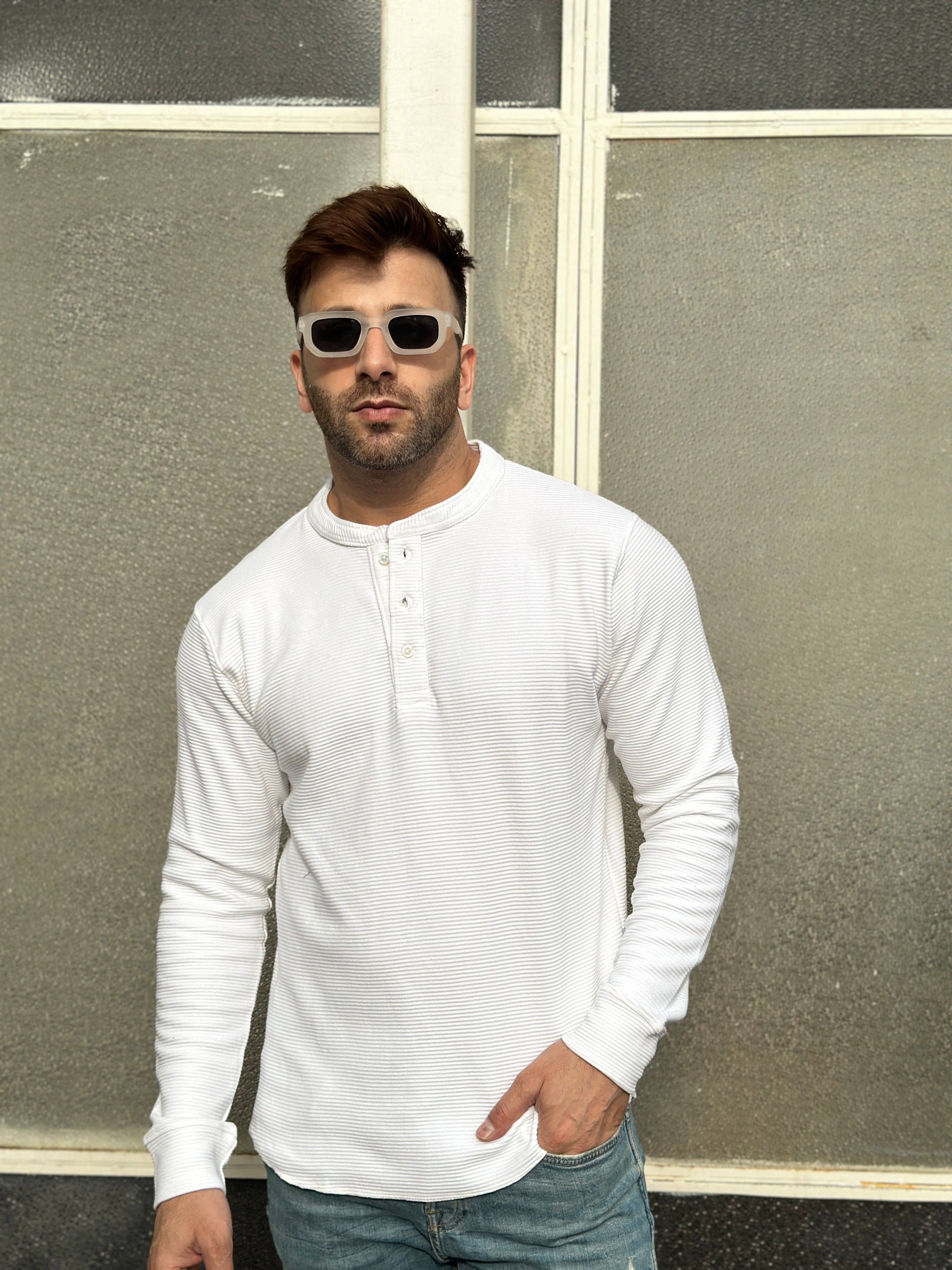 White Henley Self Design T-Shirt