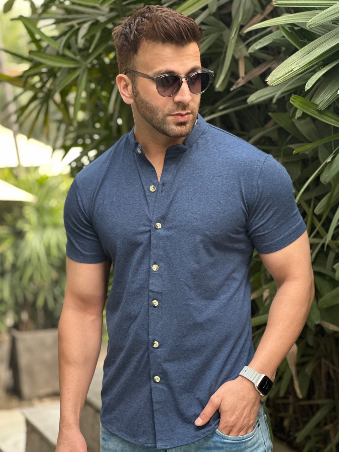 Navy Blue Melange Knitted Shirt