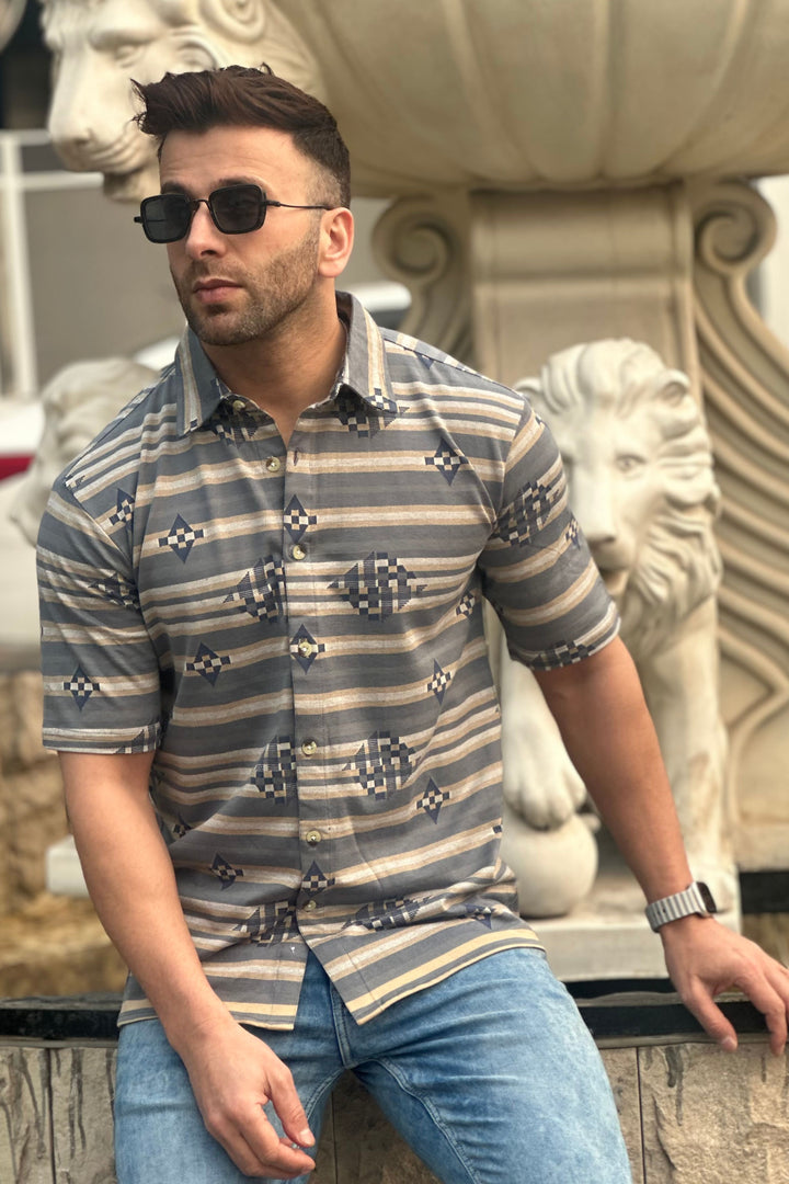 Blue Self Design Abstract Print Knitted Shirt