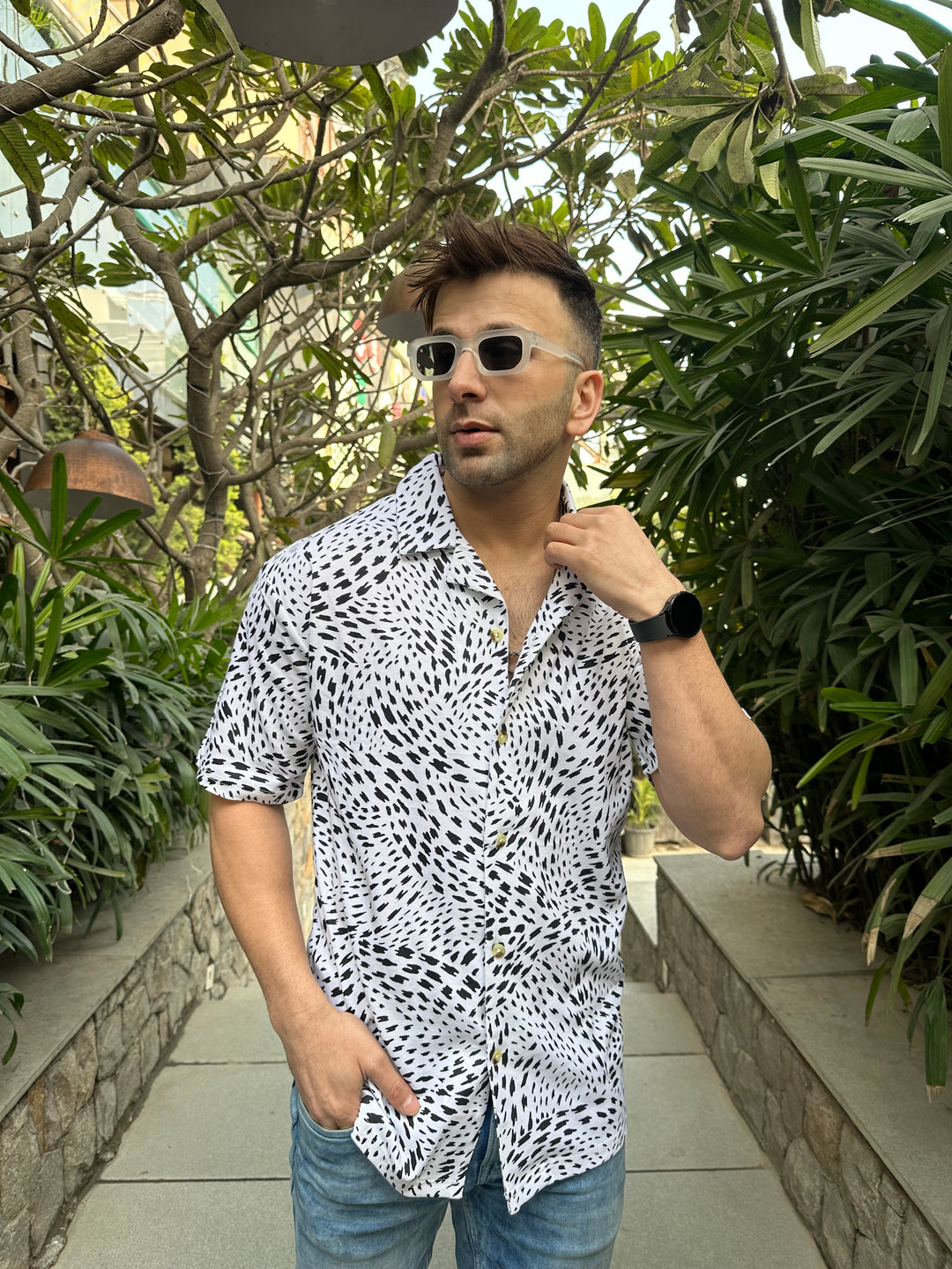 White Self Design "Leopard" Knitted Shirt