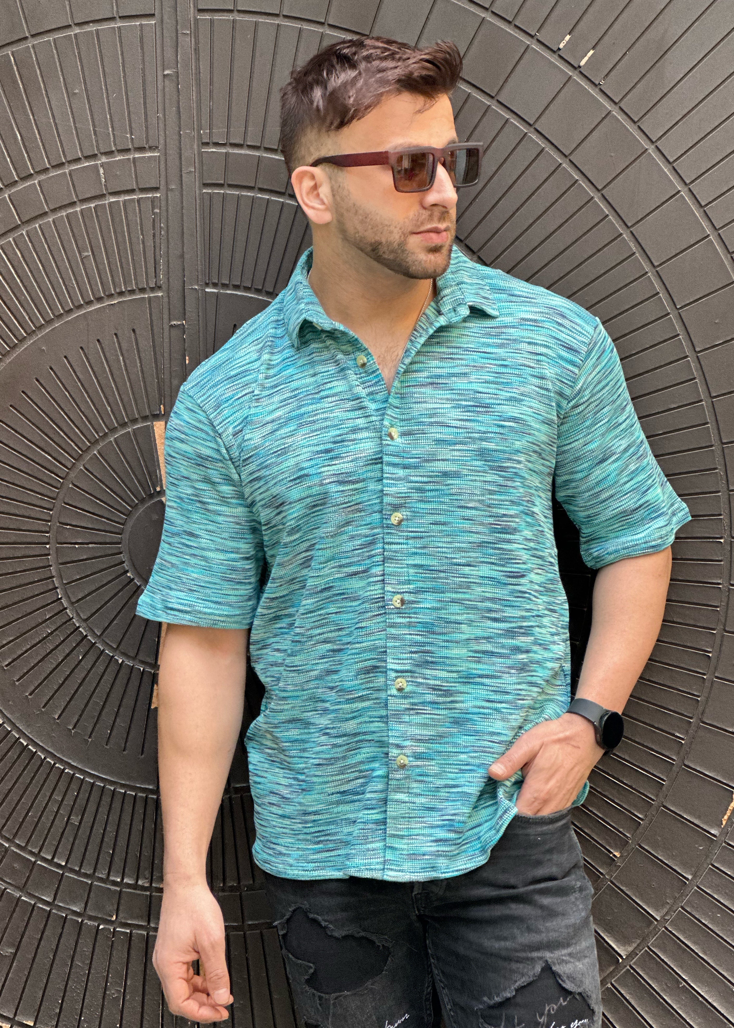Blue Oversized Self Design Shirt