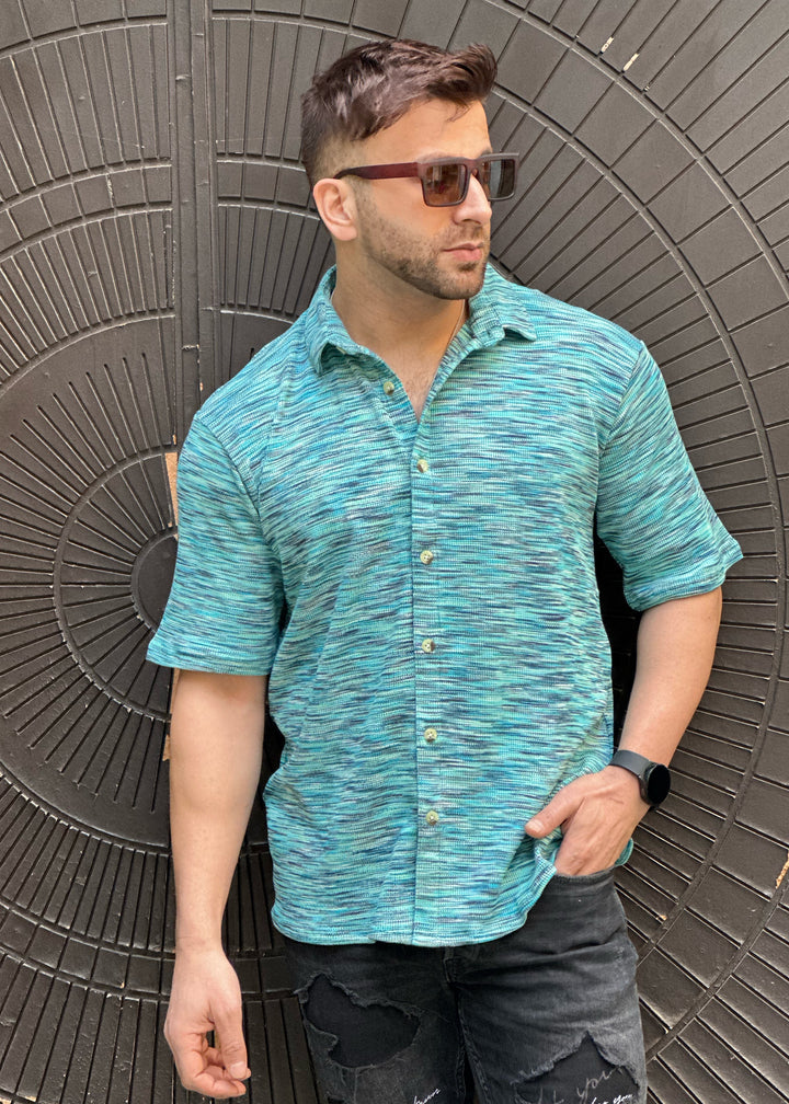 Blue Oversized Self Design Shirt