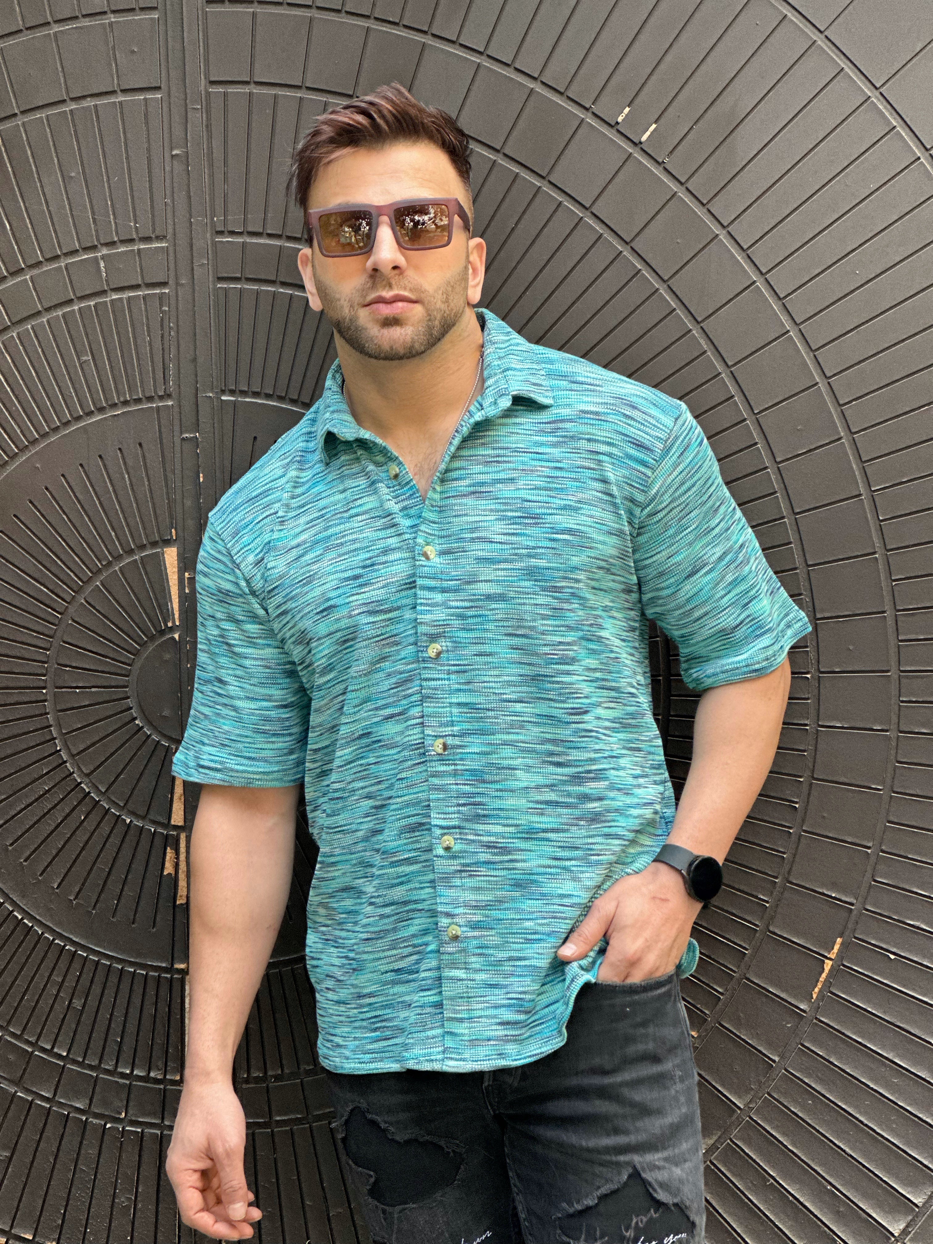 Blue Oversized Self Design Shirt