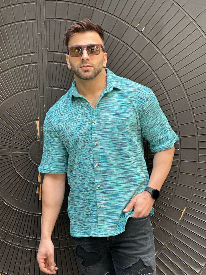 Blue Oversized Self Design Shirt