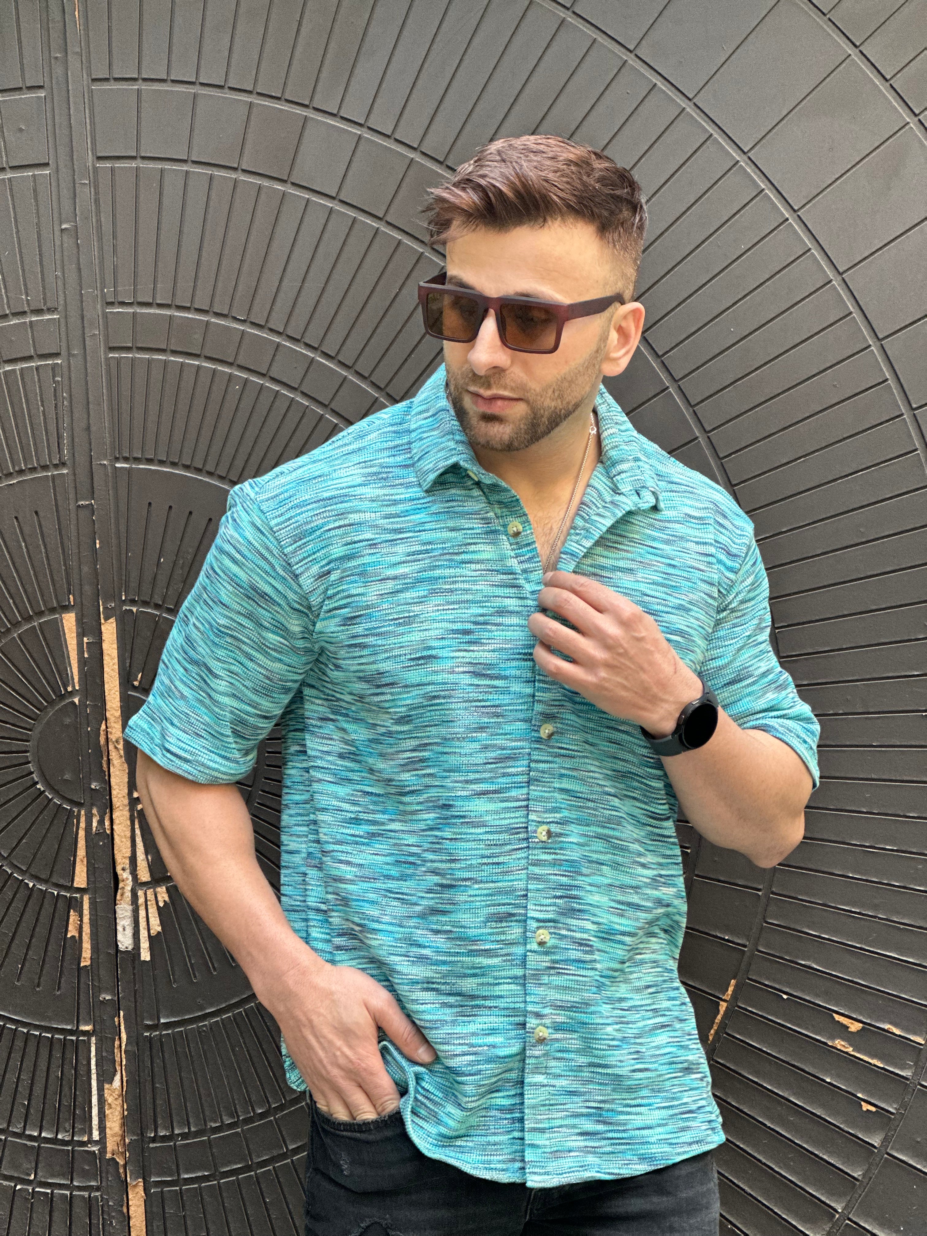 Blue Oversized Self Design Shirt