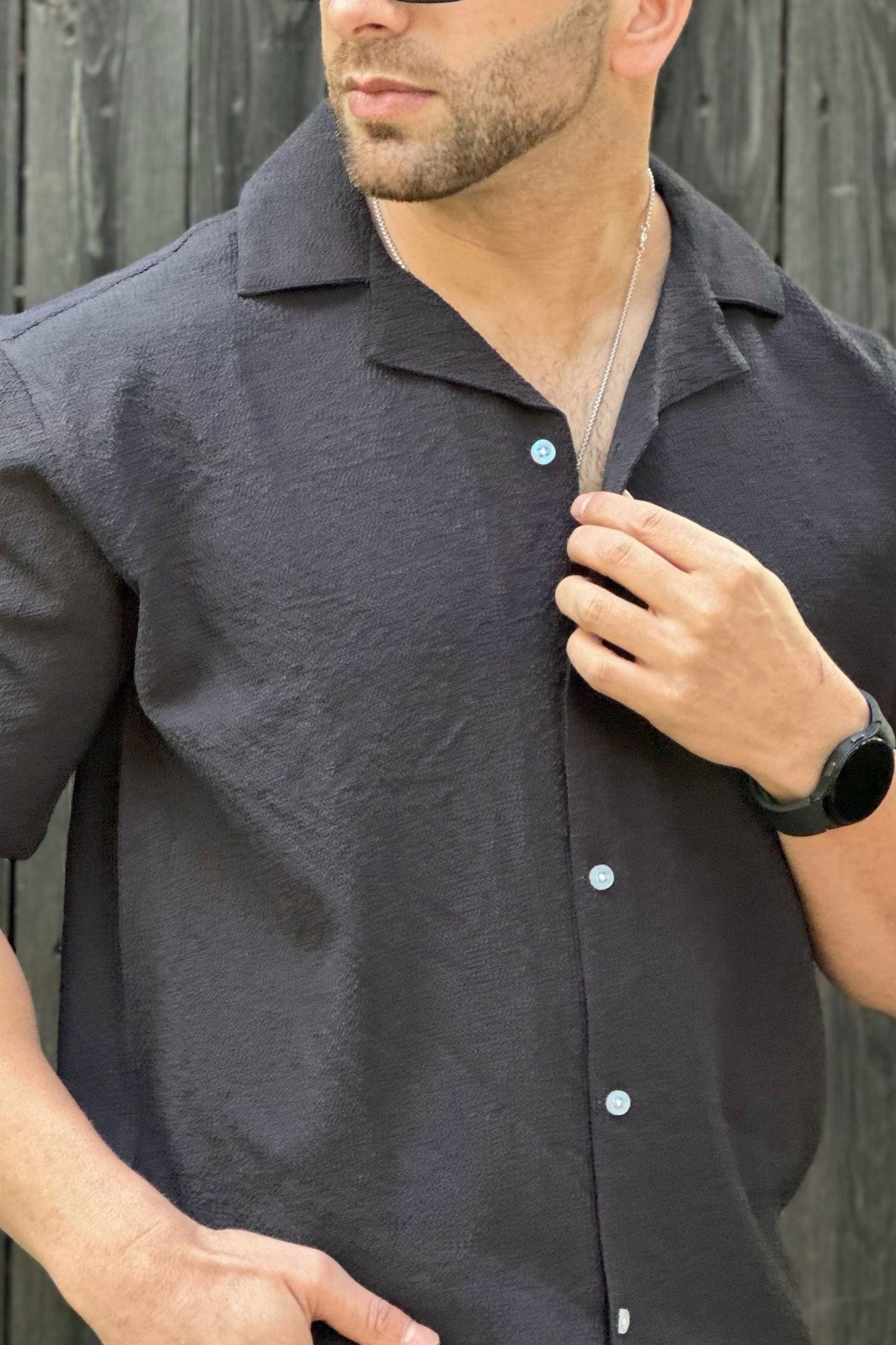 Dark Grey Oversized Cuban Collar Self Design Shirt