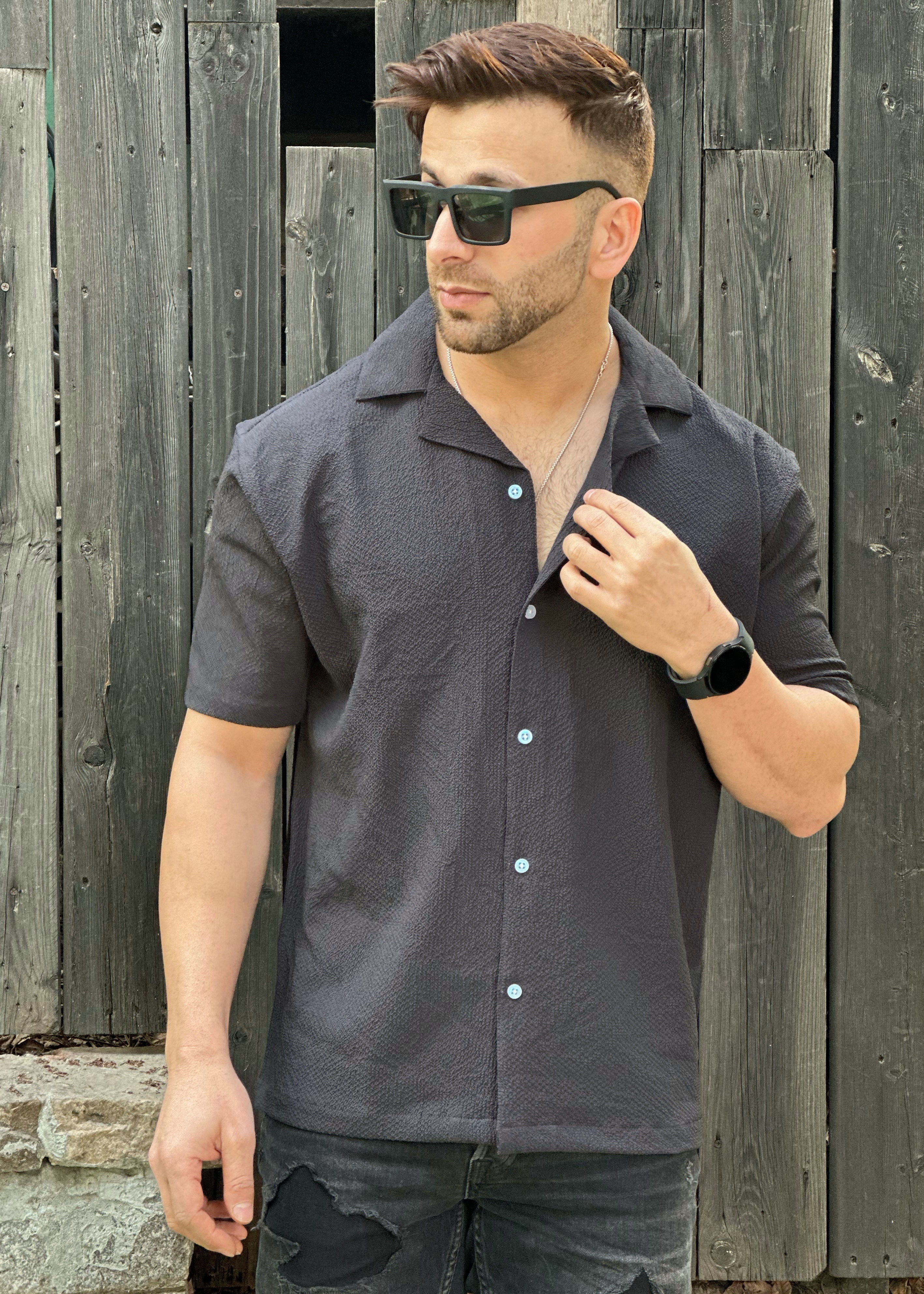 Dark Grey Oversized Cuban Collar Self Design Shirt