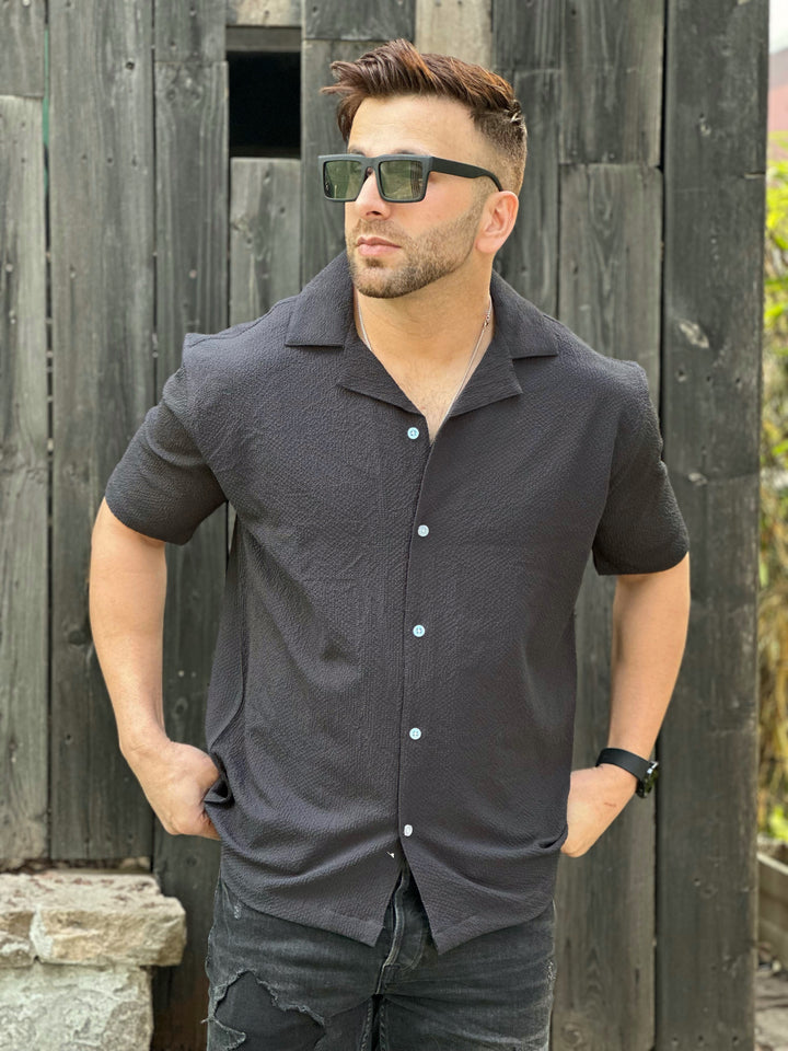 Dark Grey Oversized Cuban Collar Self Design Shirt