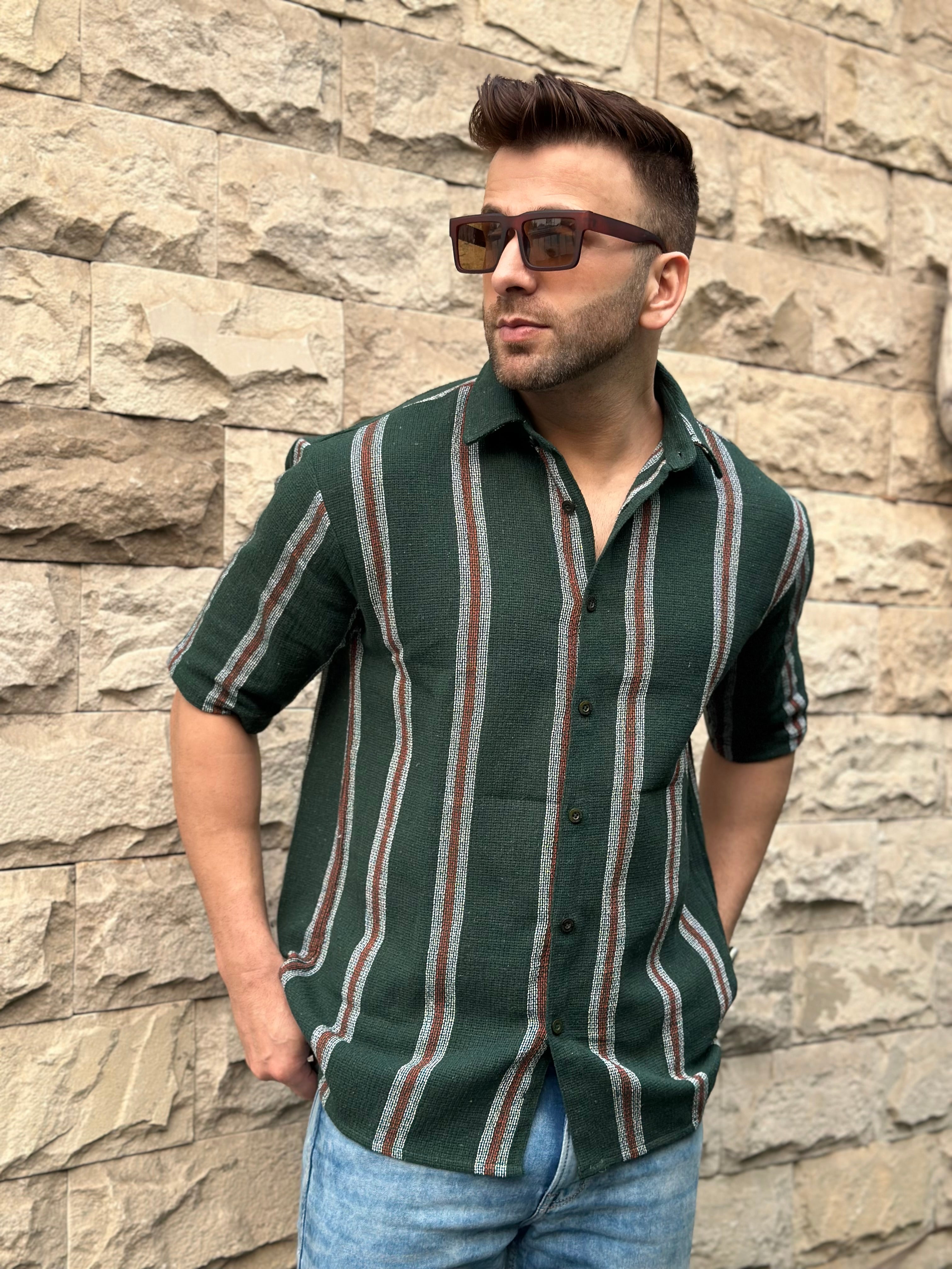 Broad Stripe Green Self Design Shirt