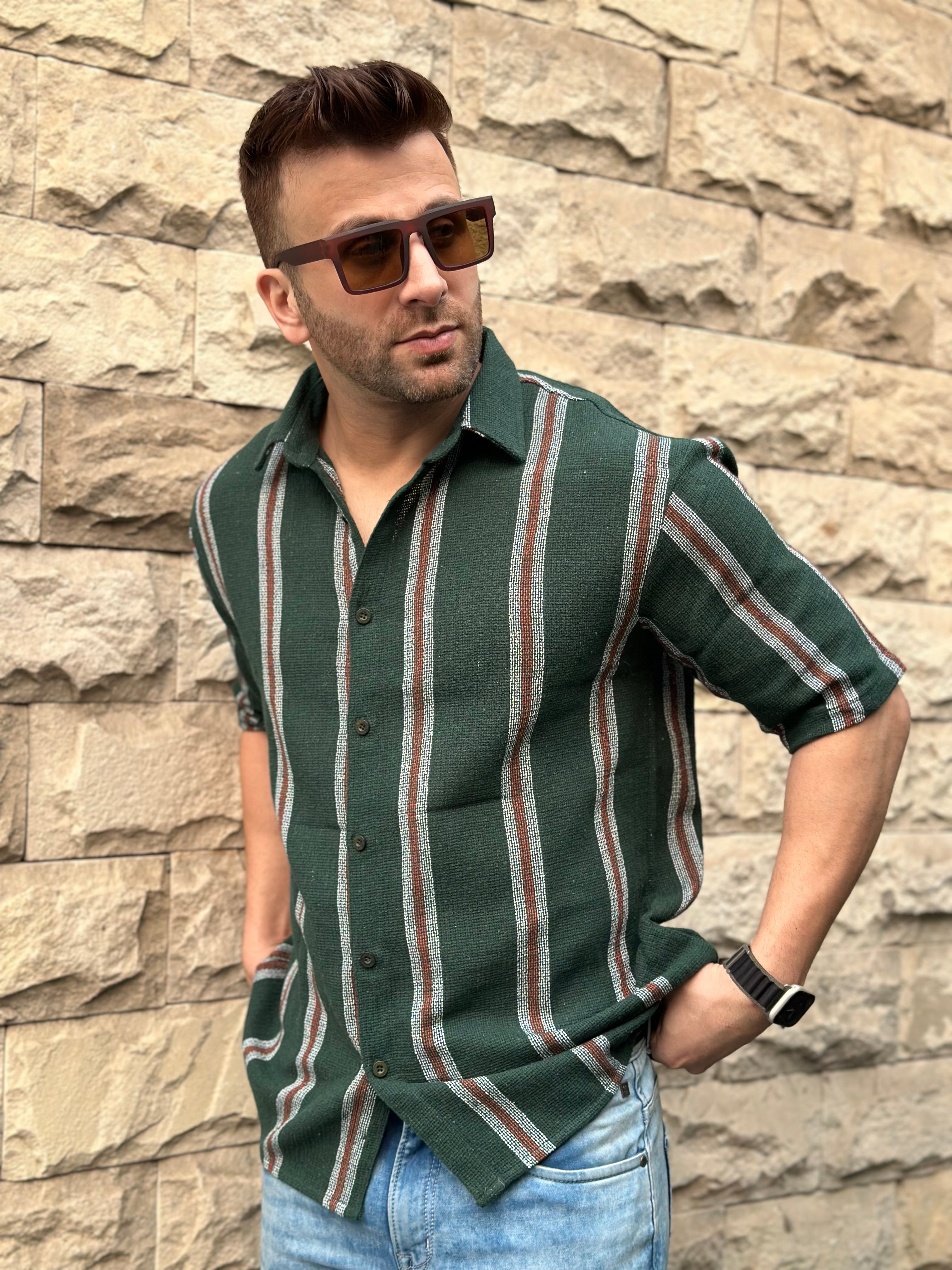 Broad Stripe Green Self Design Shirt