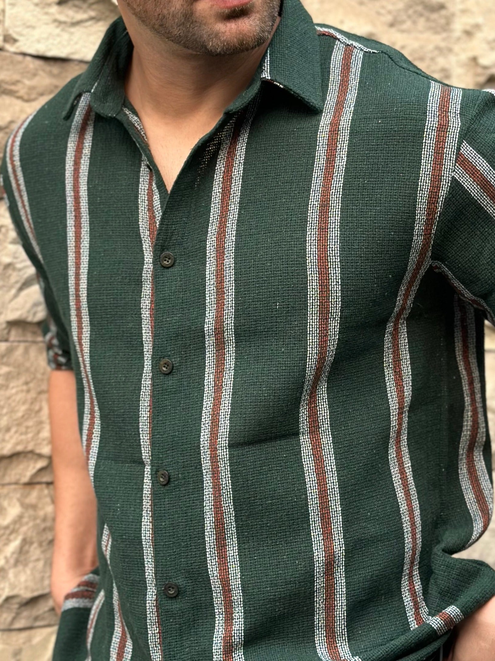 Broad Stripe Oversized Green Self Design Shirt
