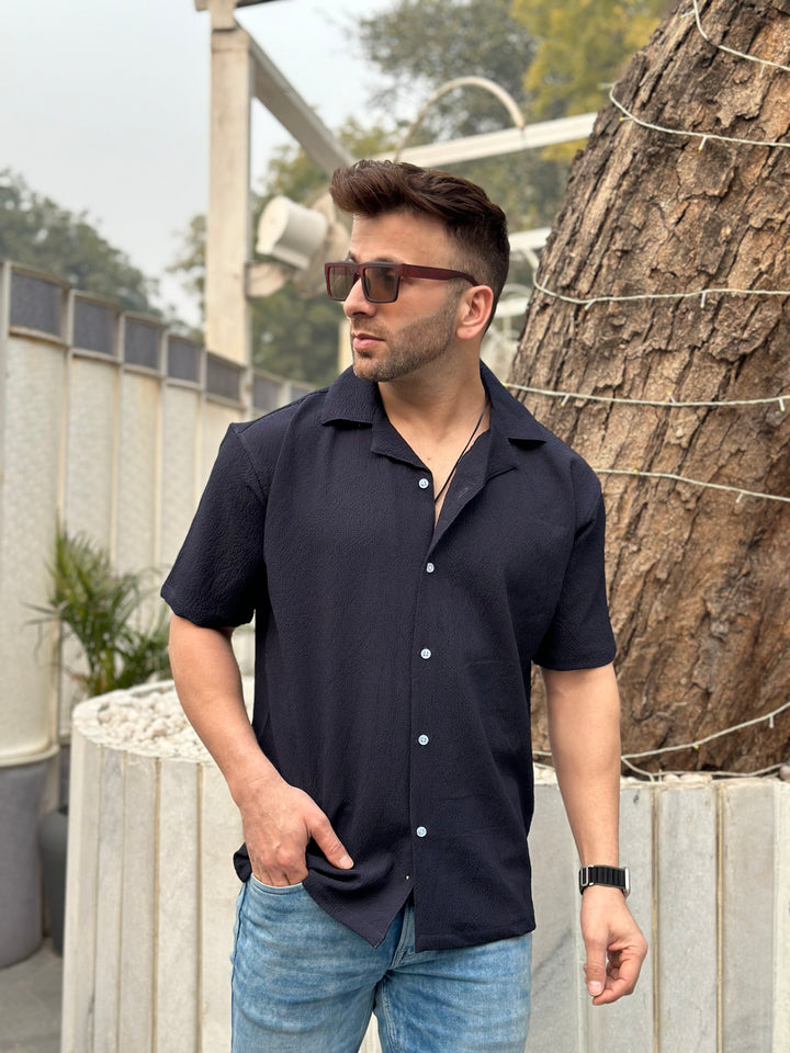 Blue Oversized Self Design Cuban Collar Shirt