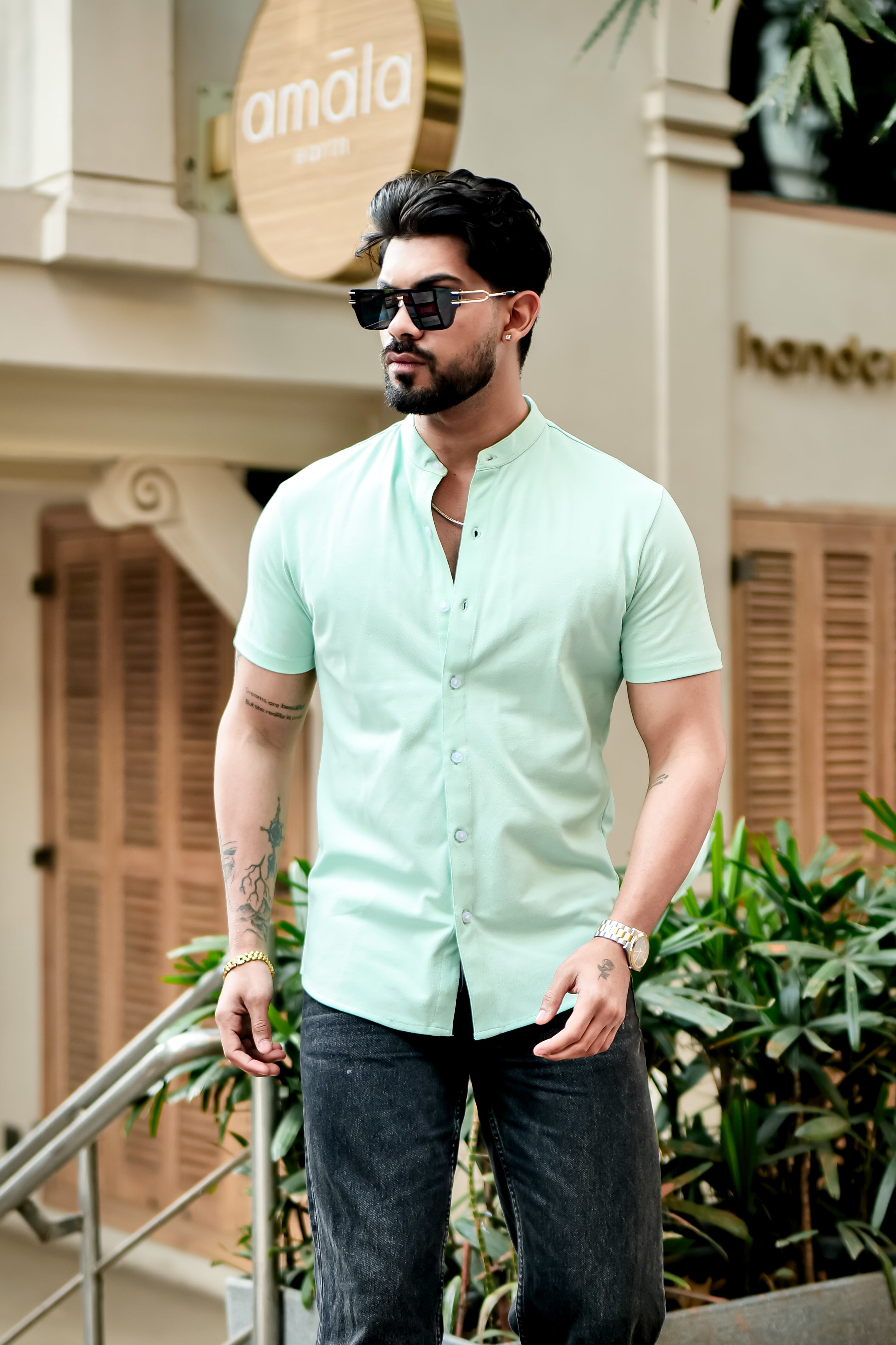 Light Green Mandarin Collar Knitted Shirt