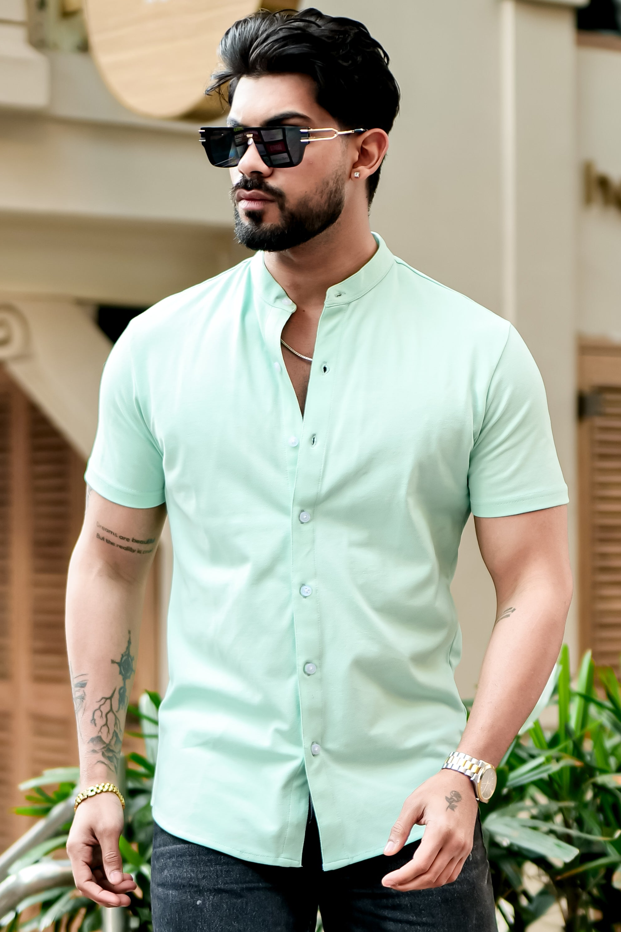 Light Green Mandarin Collar Knitted Shirt