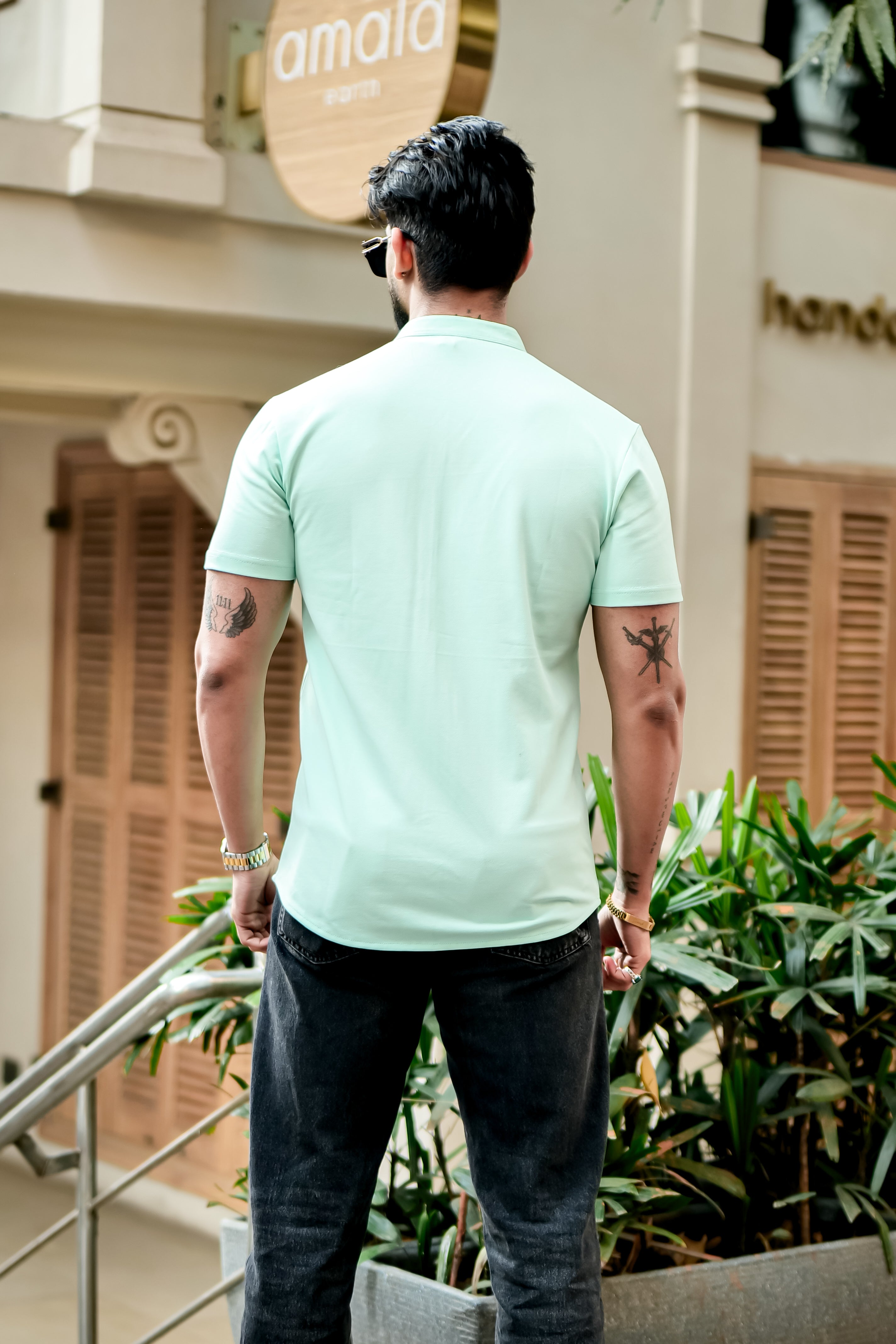 Light Green Mandarin Collar Knitted Shirt