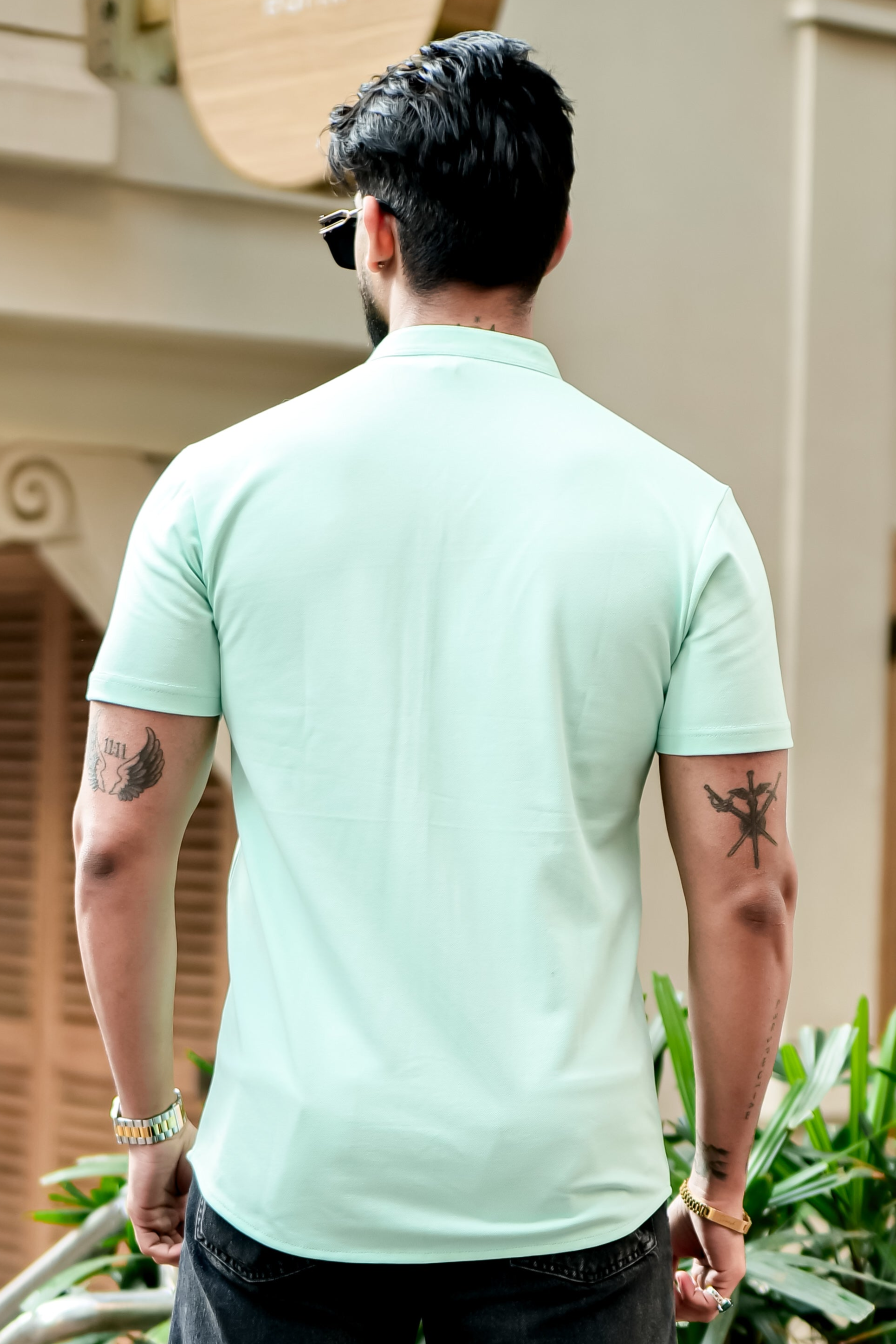 Light Green Mandarin Collar Knitted Shirt