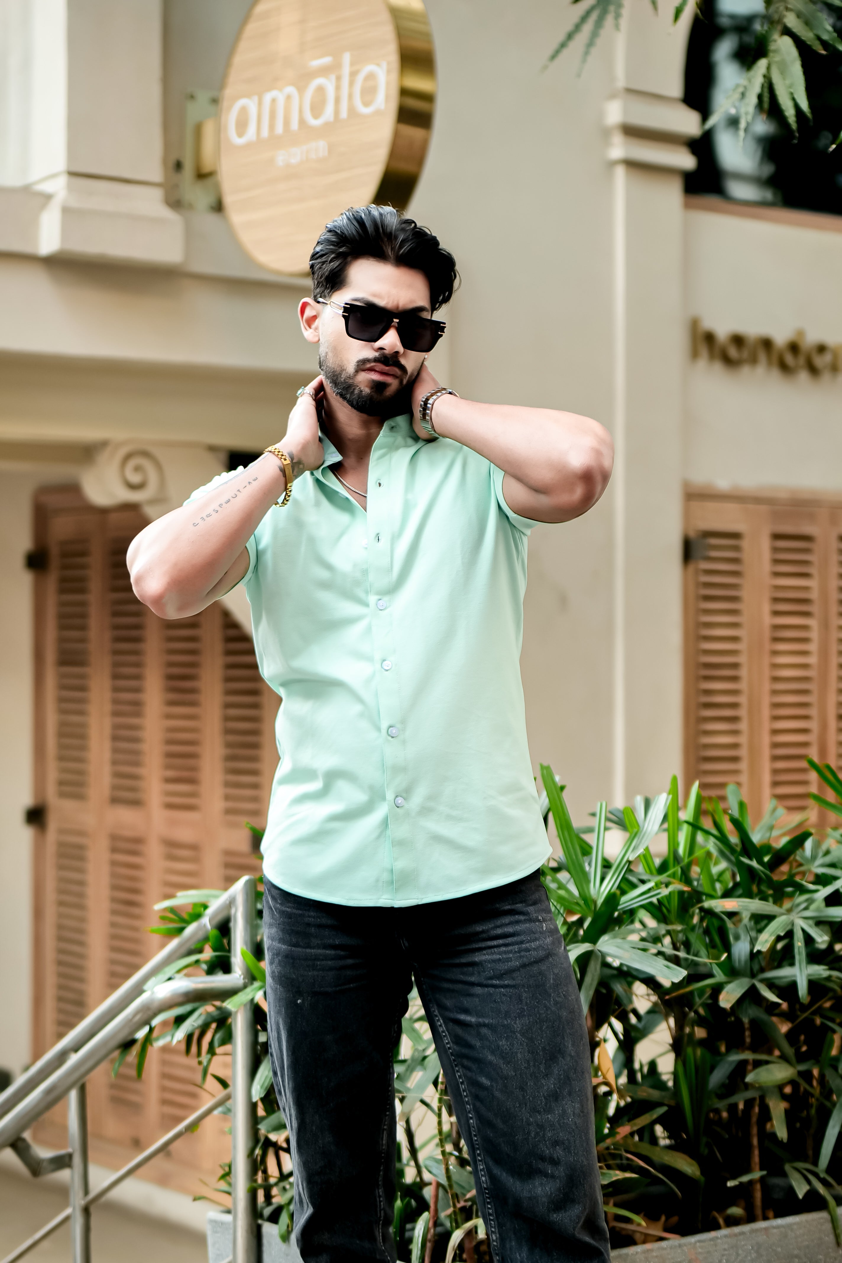 Light Green Mandarin Collar Knitted Shirt