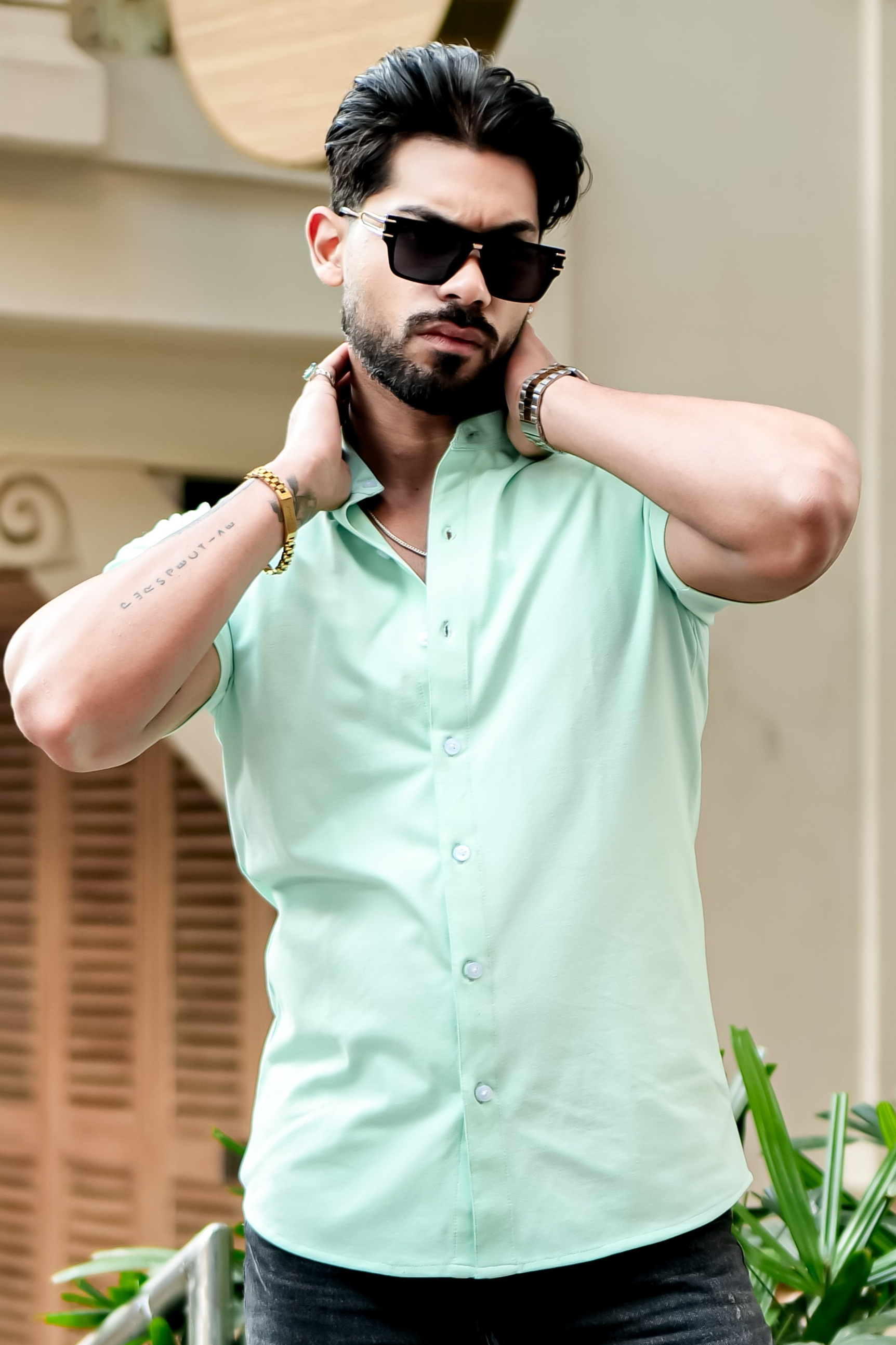 Light Green Mandarin Collar Knitted Shirt