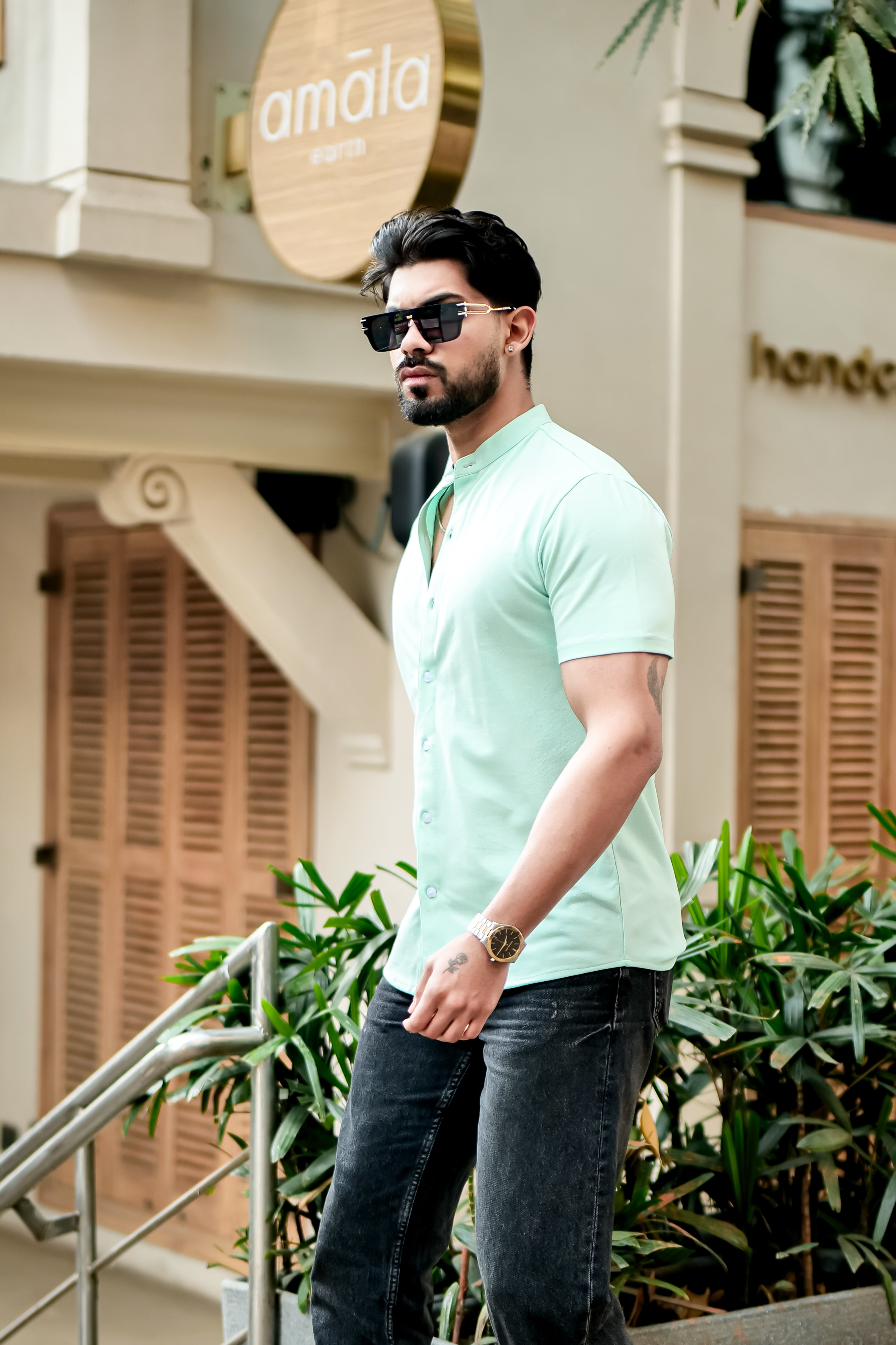 Light Green Mandarin Collar Knitted Shirt