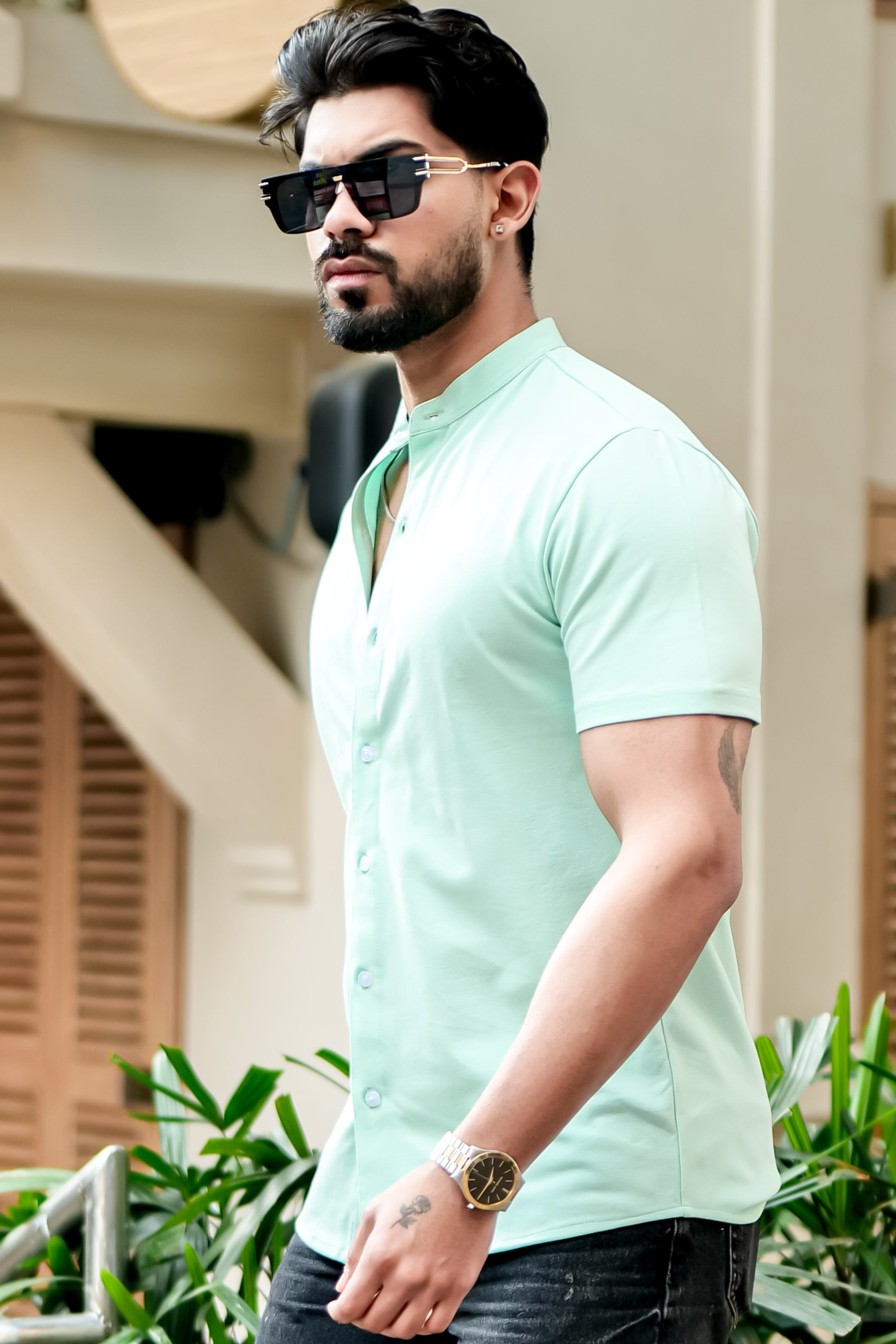 Light Green Mandarin Collar Knitted Shirt