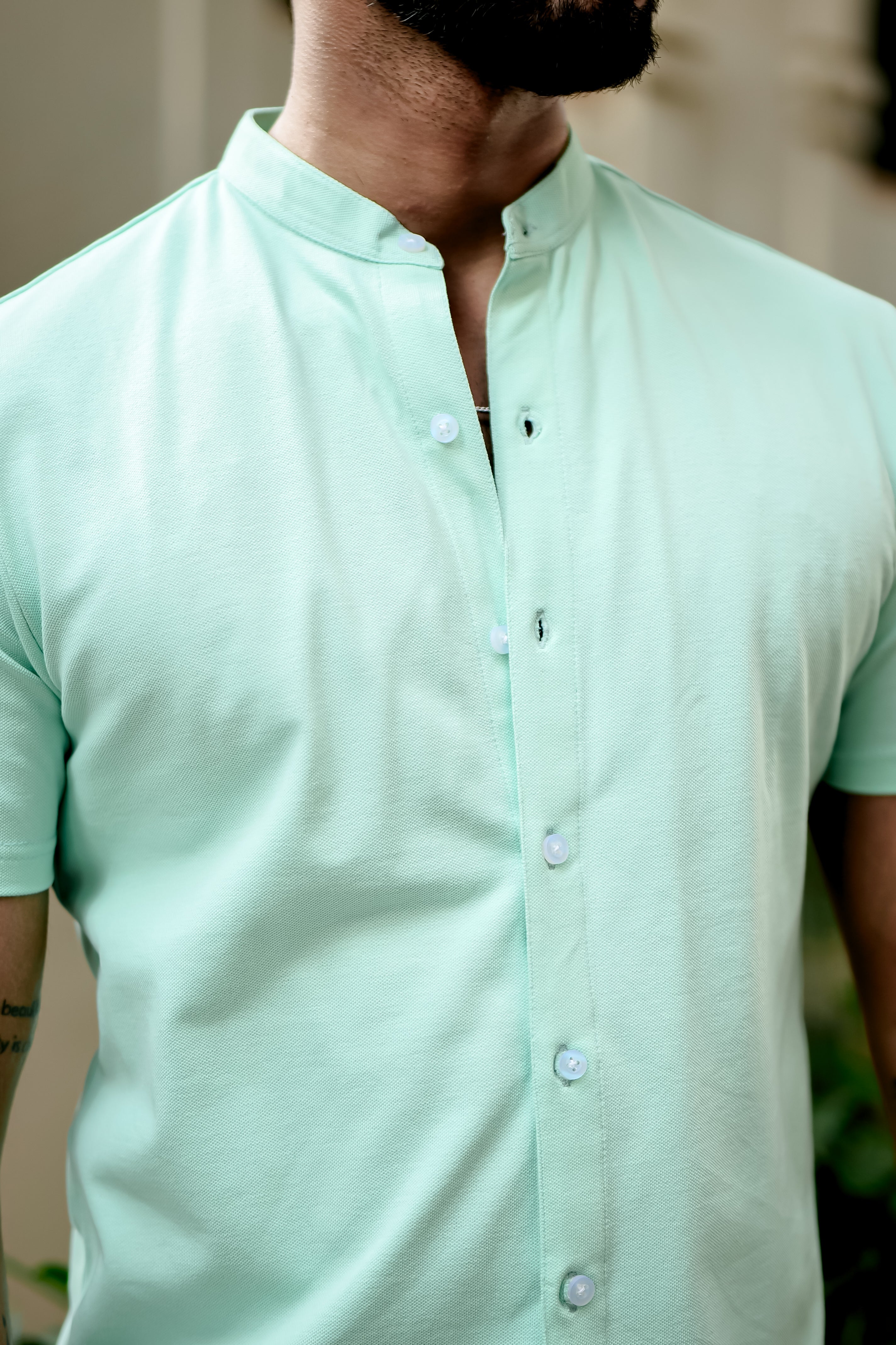 Light Green Mandarin Collar Knitted Shirt