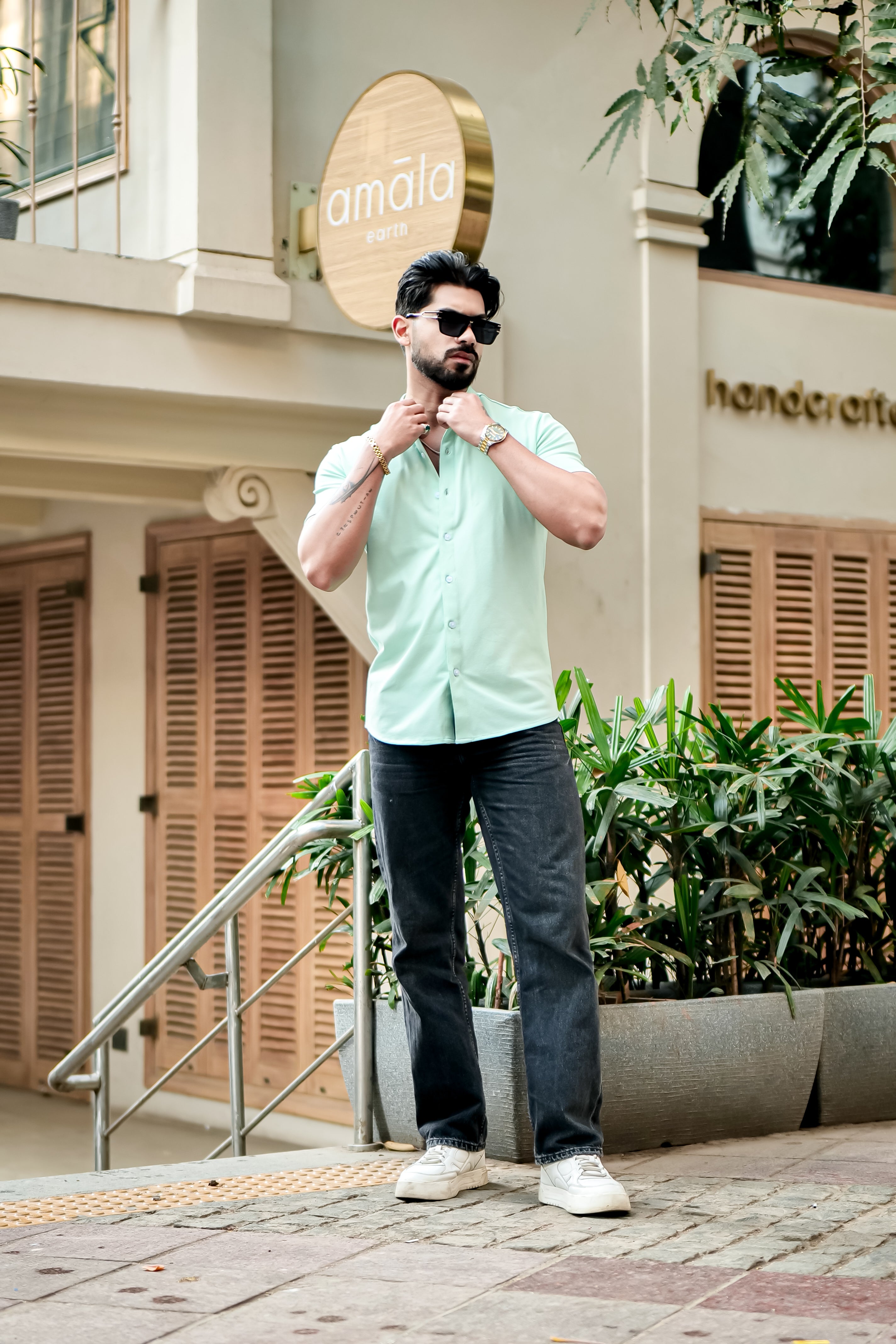 Light Green Mandarin Collar Knitted Shirt