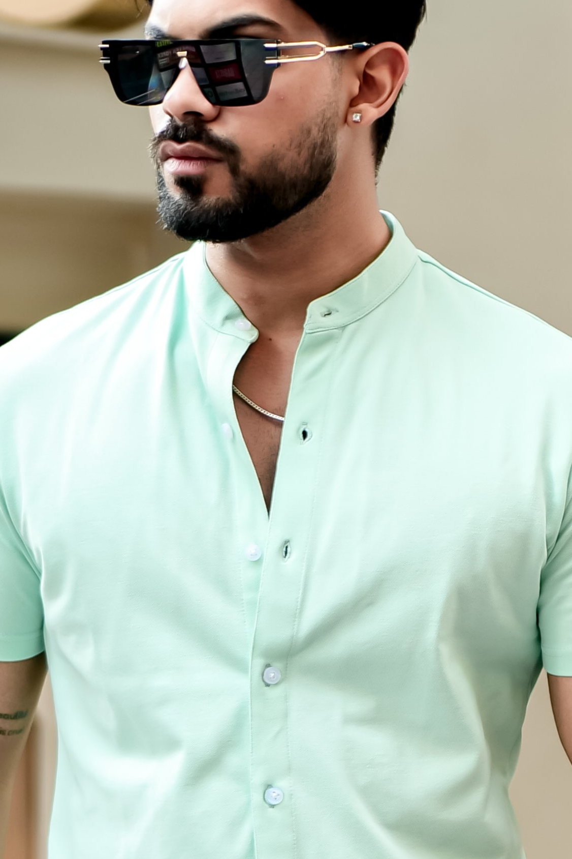 Light Green Mandarin Collar Knitted Shirt