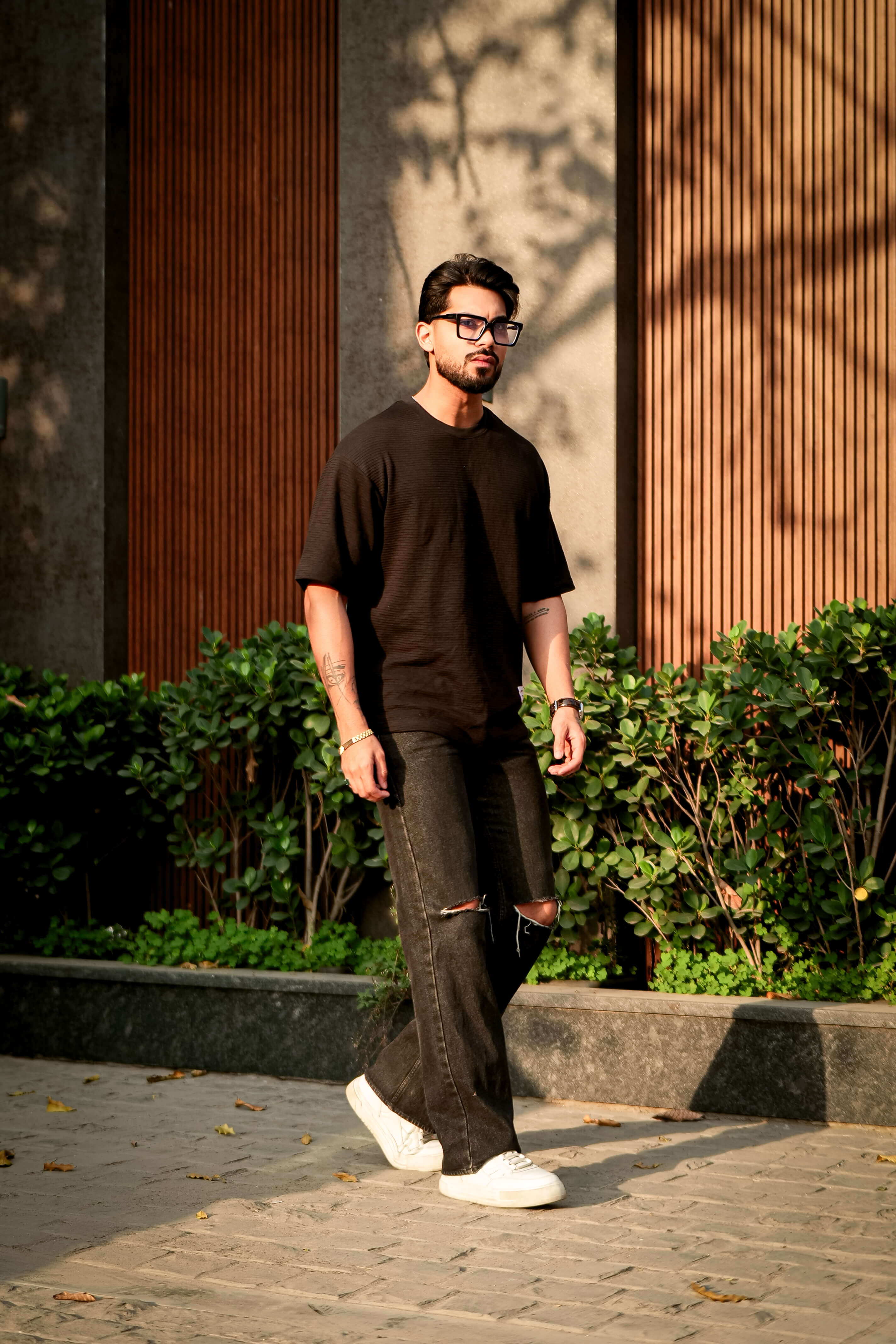 Black Self Design Oversized Round Neck T-Shirt