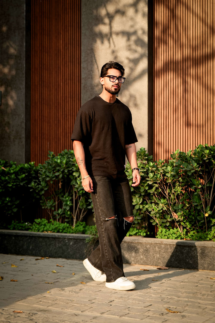 Black Self Design Oversized Round Neck T-Shirt