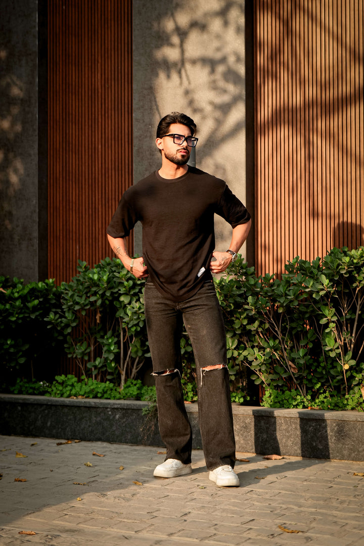 Black Self Design Oversized Round Neck T-Shirt