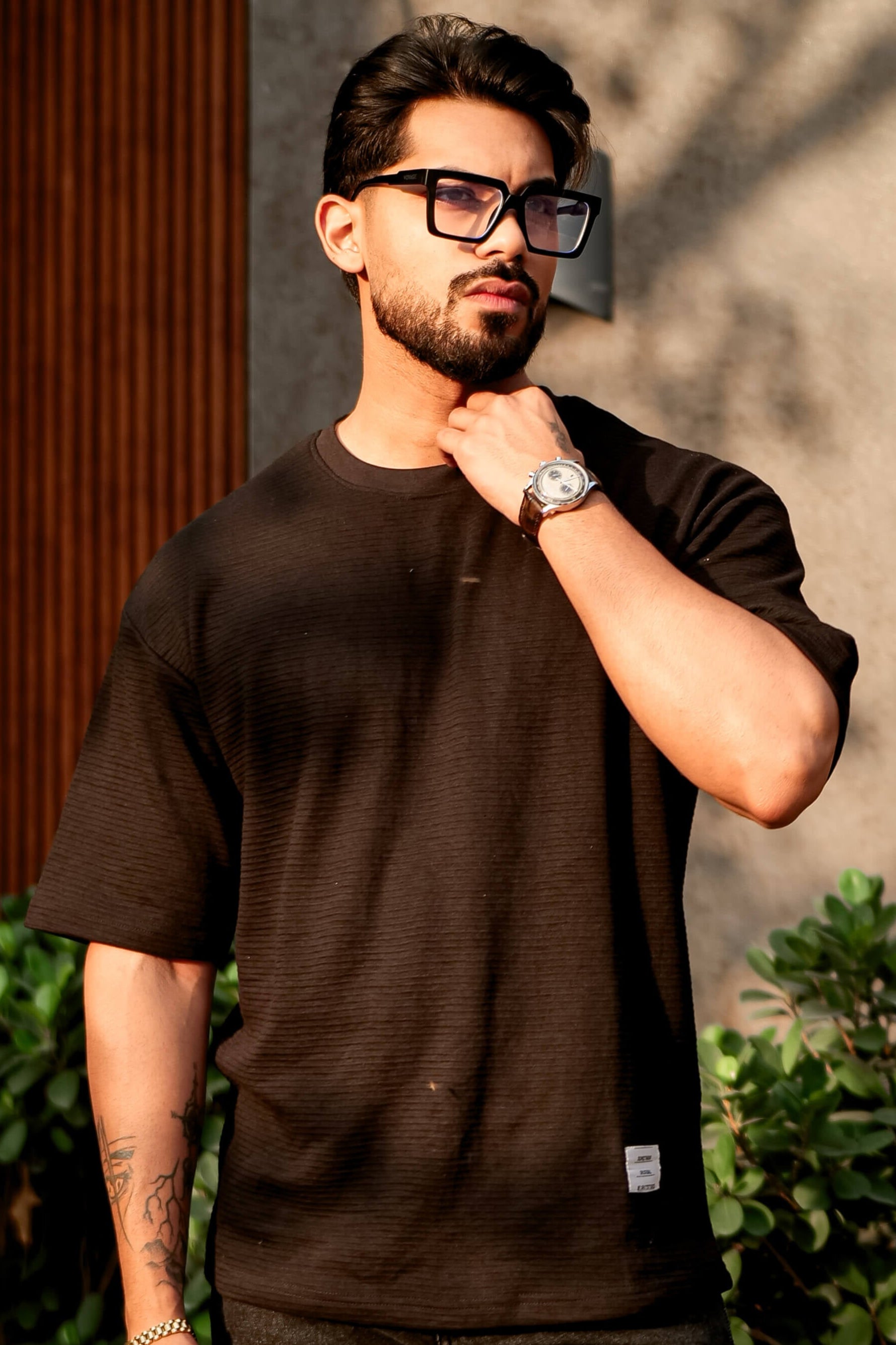Black Self Design Oversized Round Neck T-Shirt