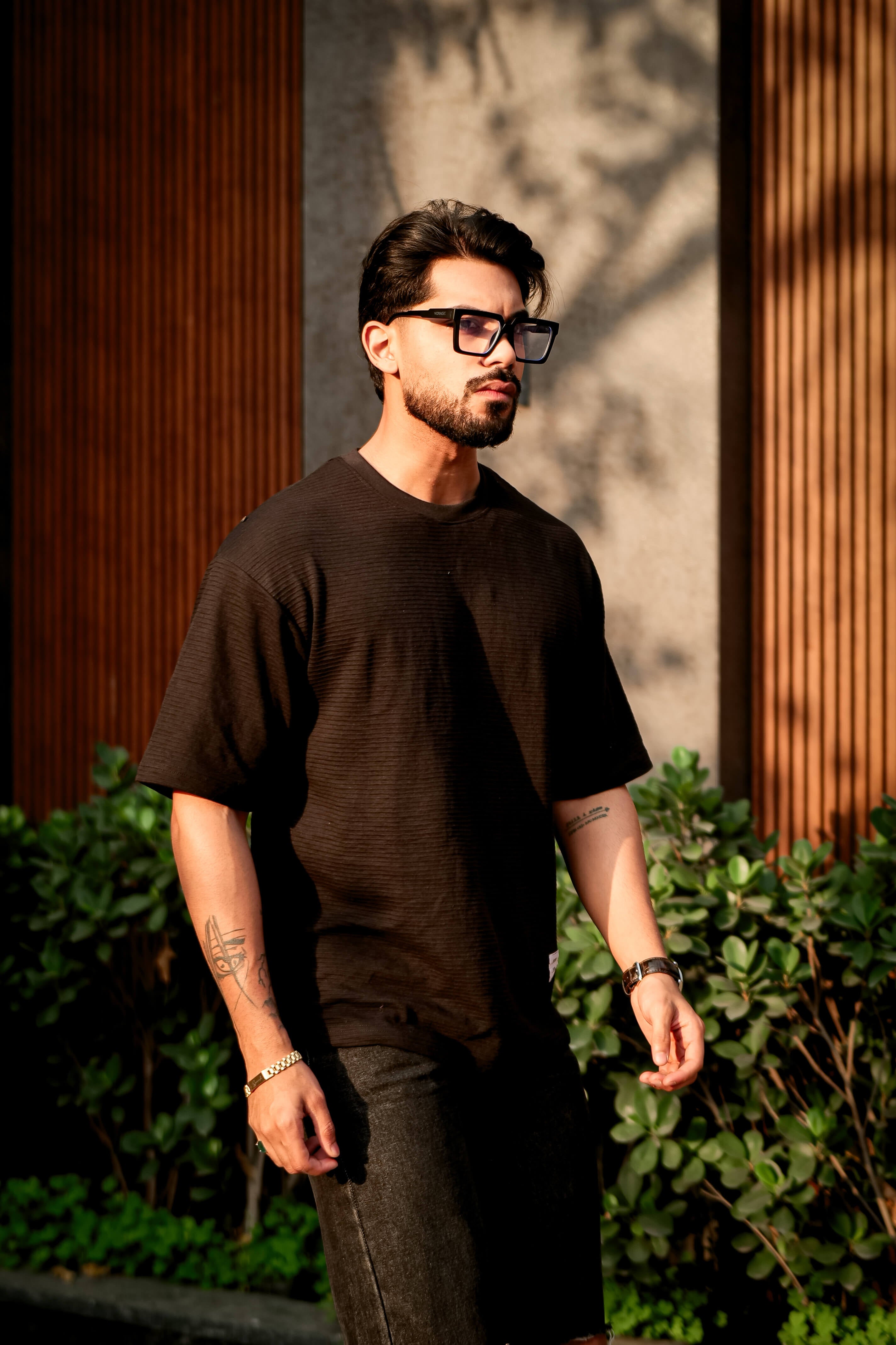 Black Self Design Oversized Round Neck T-Shirt