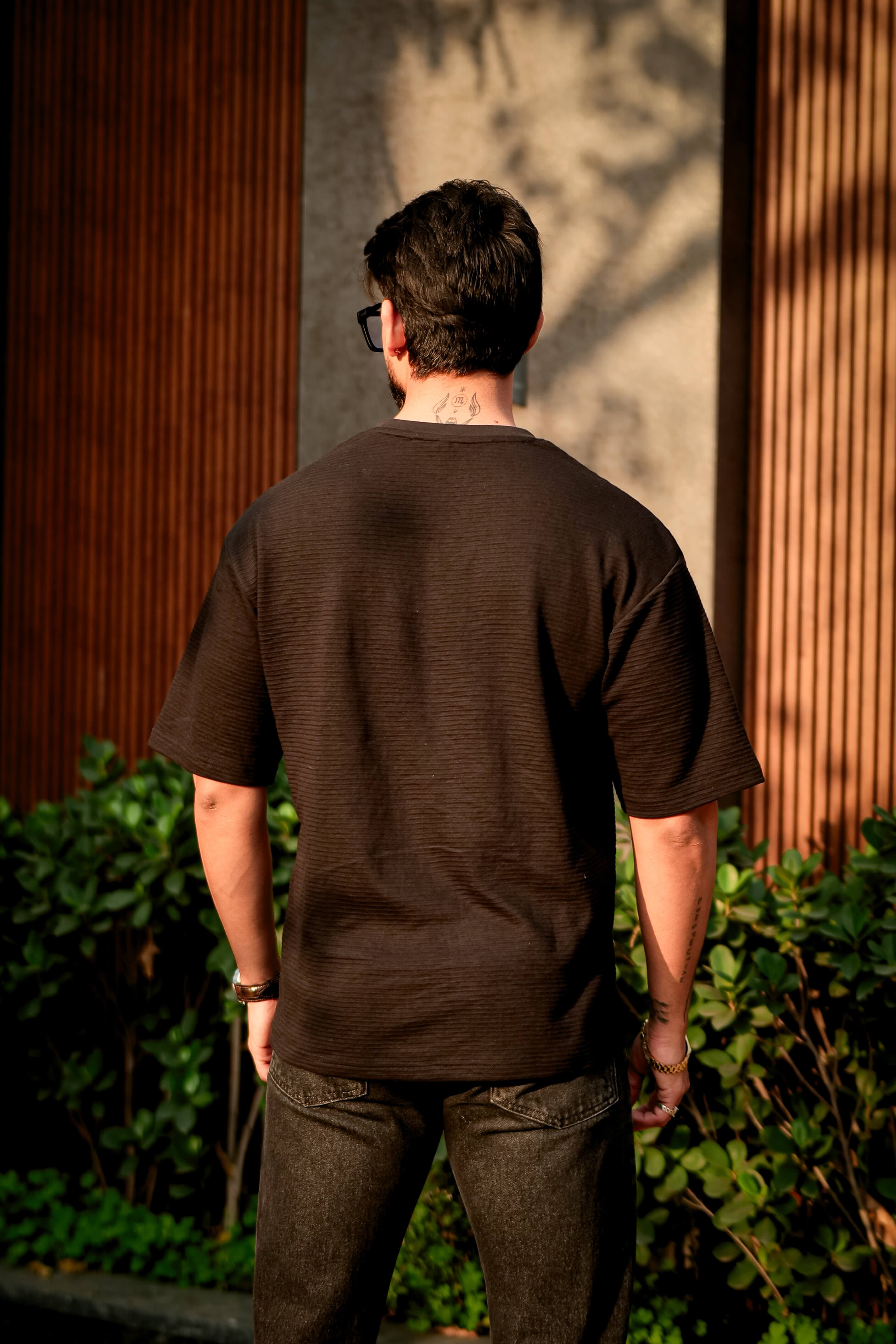 Black Self Design Oversized Round Neck T-Shirt